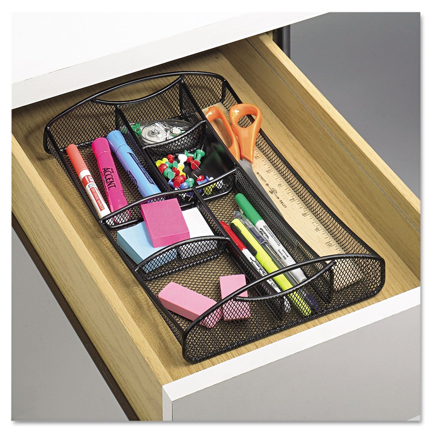 Safco Onyx Mesh Drawer Organizer, Seven Compartments, 13 x 8.75 x 2.75, Steel, Black