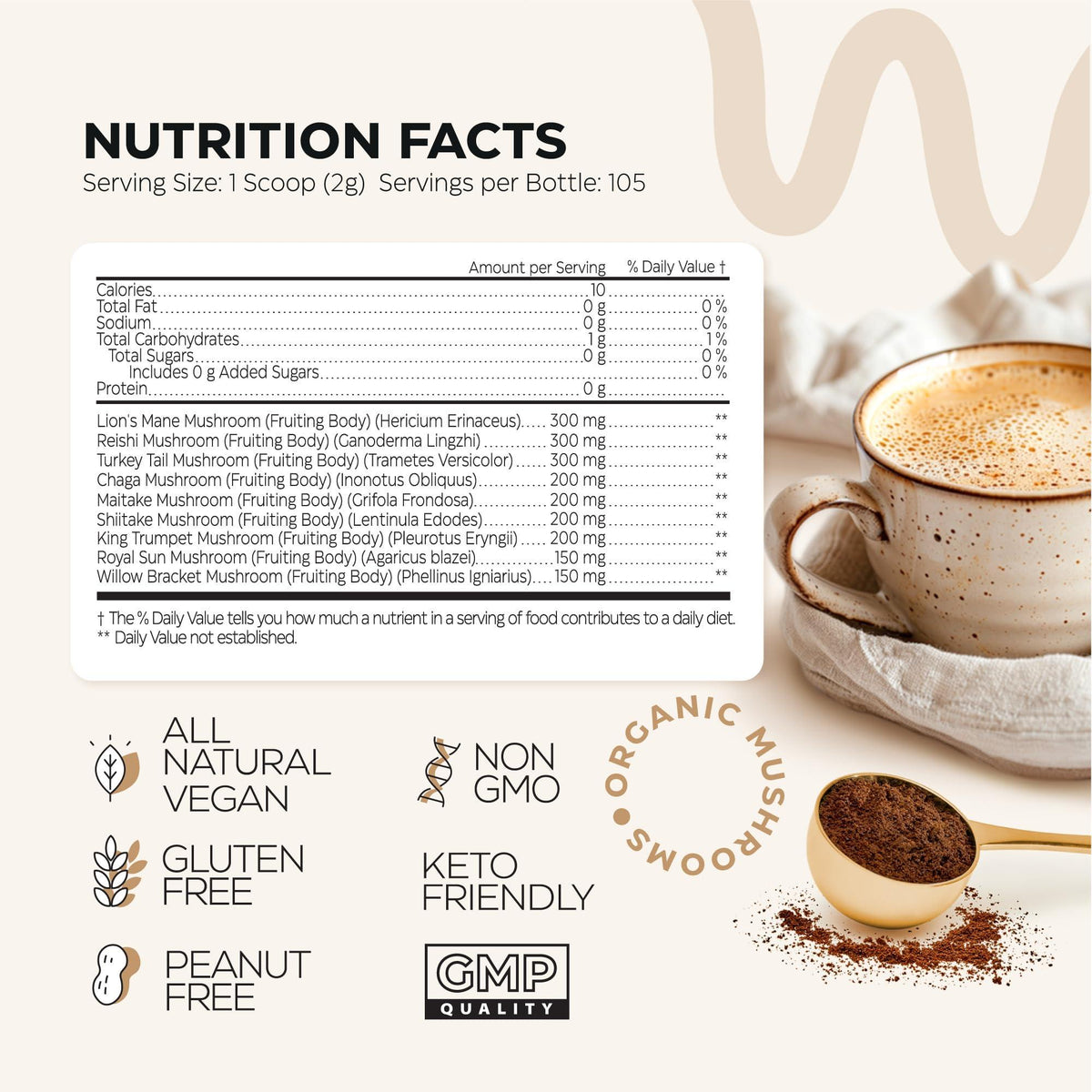 Mushroom Coffee 9 Mushroom Adaptogen Mix Lion's Mane Chaga Turkey Tail Reishi Shiitake Instant Coffee Powder for Gut Health Immunity Energy Brain Boost No GMO Sugar Free Keto Friendly
