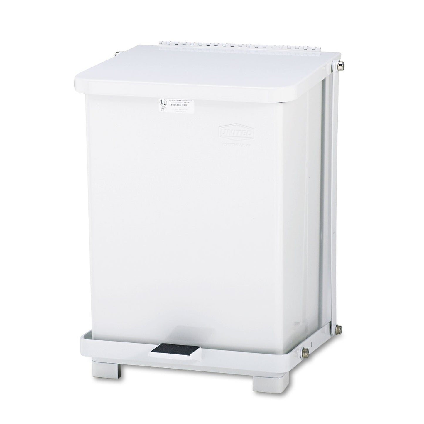 Rubbermaid Defenders Biohazard Step Can, Square, Steel, 4 gal, White