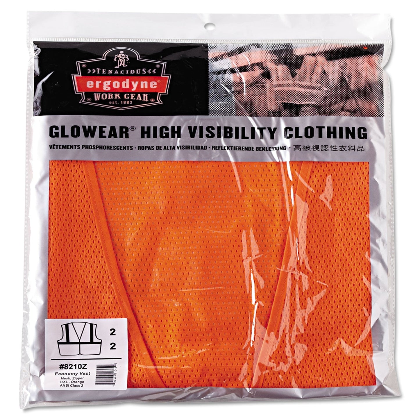 ergodyne GloWear 8210Z Class 2 Economy Vest, Polyester Mesh, Zipper Closure, Large to X-Large, Orange