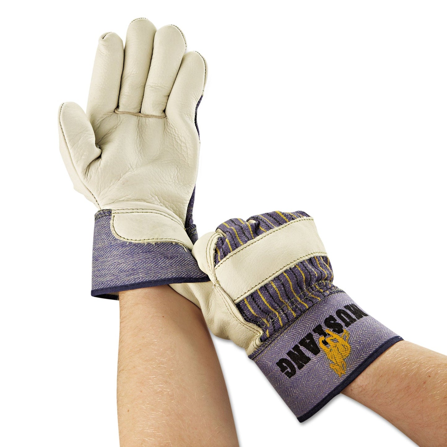 MCR Mustang Leather Palm Gloves, Blue/Cream, Large, 12 Pairs