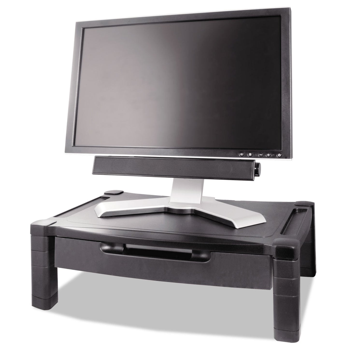 Kantek Wide Deluxe Two-Level Monitor Stand with Drawer, 20" x 13.25" x 3" to 6.5", Black, Supports 50 lbs