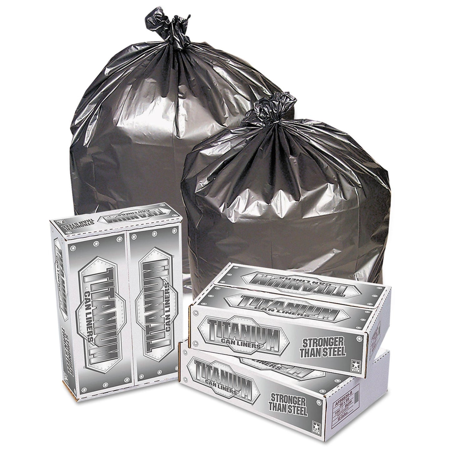 Pitt Plastics Titanium Low-Density Can Liners, 45 gal, 1.7 mil, 39" x 47", Silver, 50/Carton