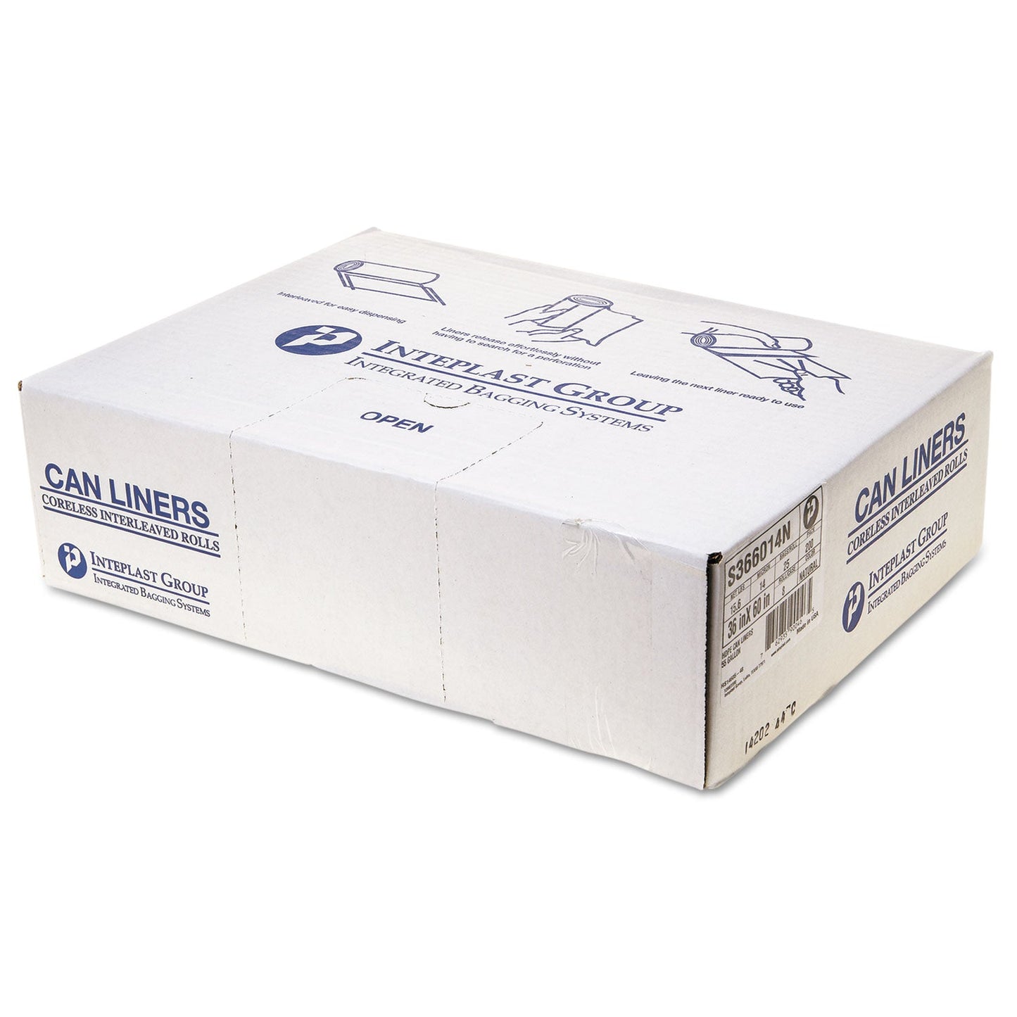 Inteplast Group High-Density Interleaved Commercial Can Liners, 55 gal, 14 microns, 36" x 60", Clear, 200/Carton