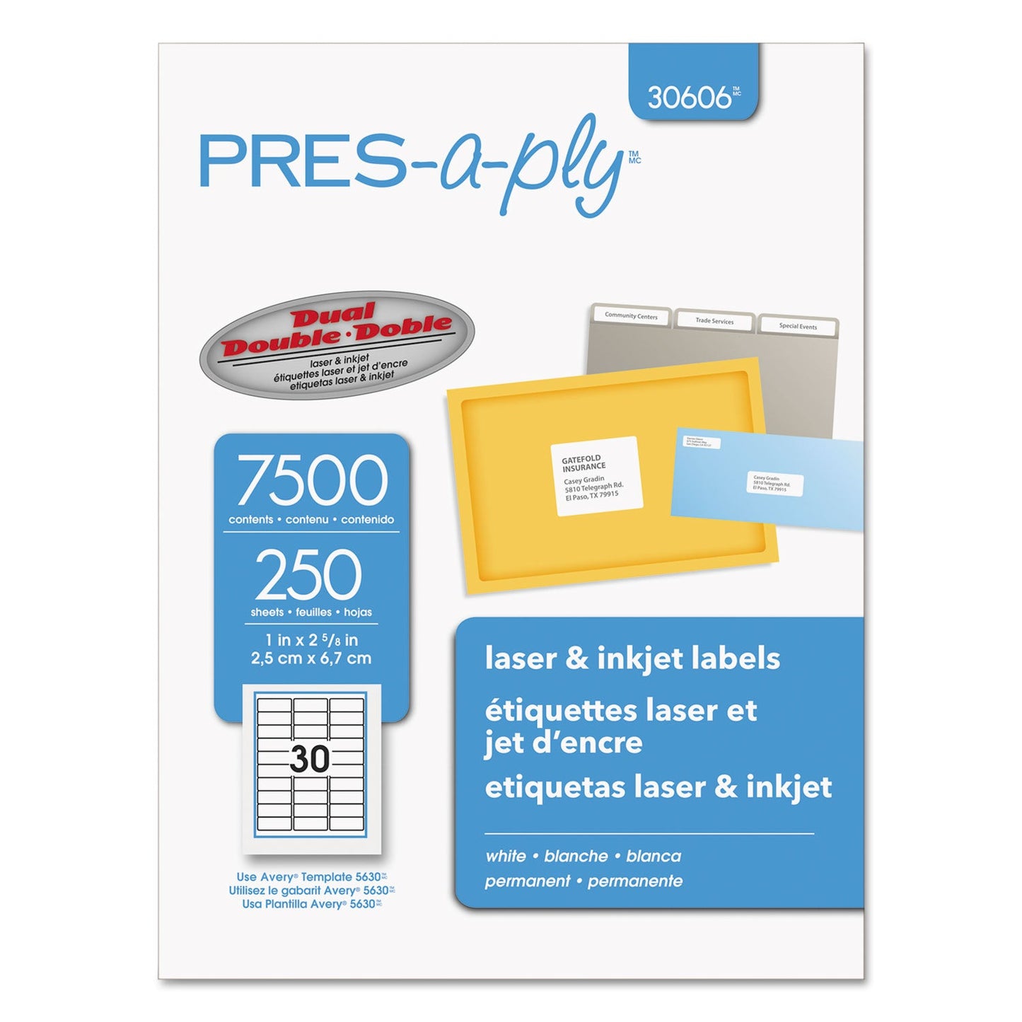 PRES-a-ply Labels, Laser Printers, 1 x 2.63, White, 30/Sheet, 250 Sheets/Box