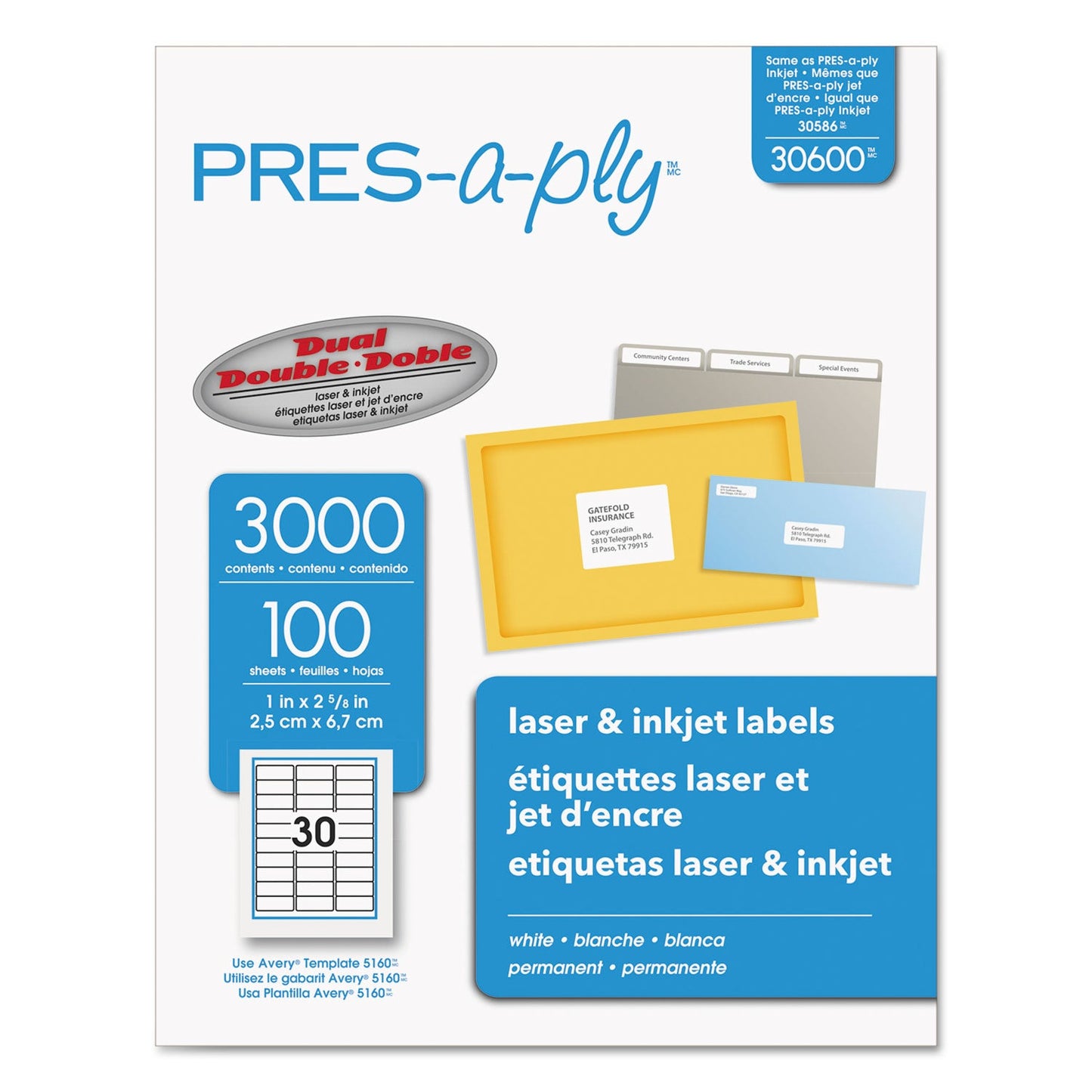 PRES-a-ply Labels, Laser Printers, 1 x 2.63, White, 30/Sheet, 100 Sheets/Box