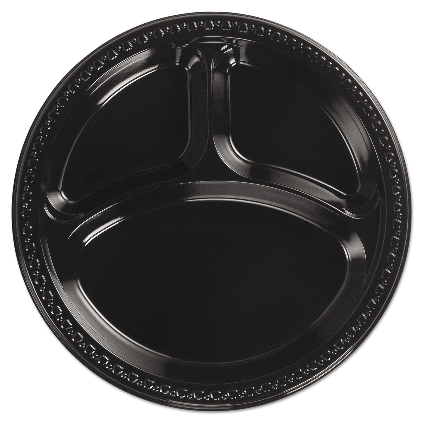 Chinet Heavyweight Plastic 3-Compartment Plates, 10.25" dia, Black, 125/Pack 4 Packs/Carton