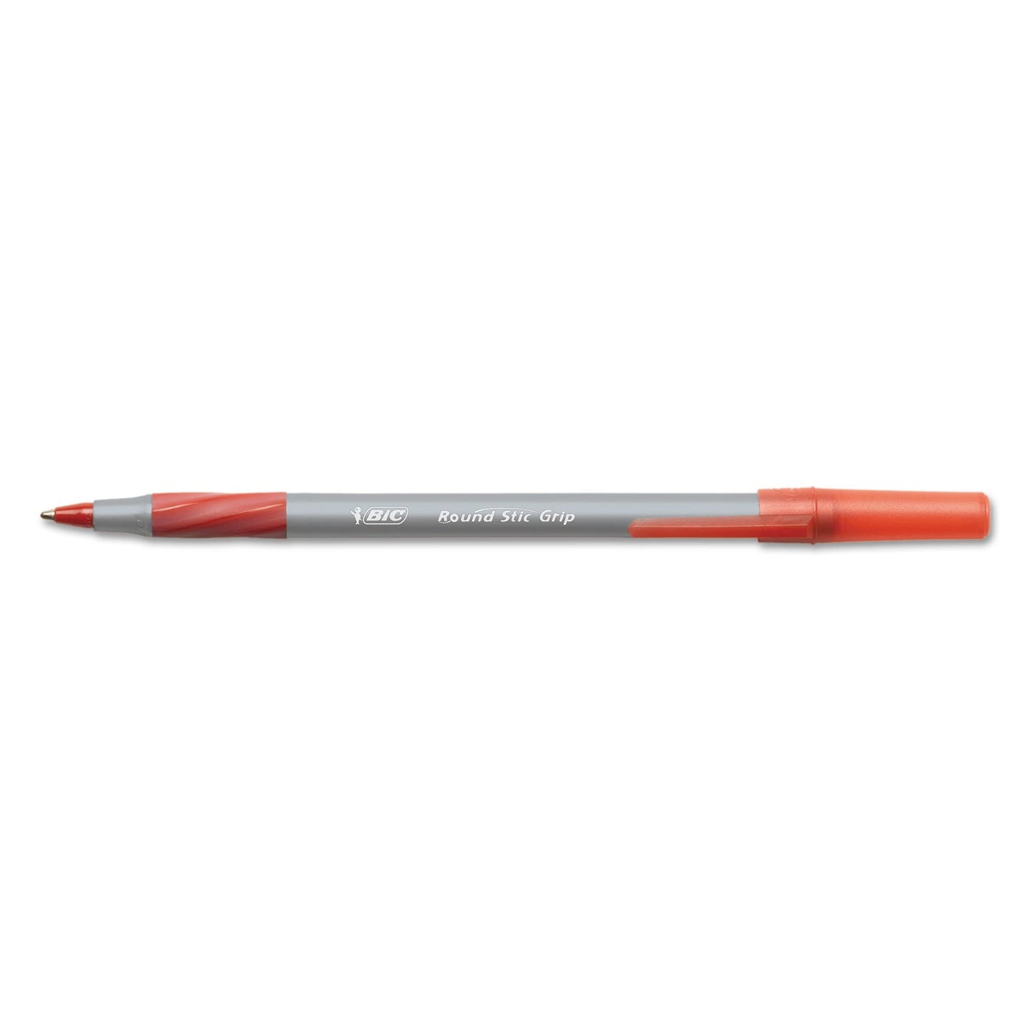 BIC Round Stic Grip Xtra Comfort Ballpoint Pen, Easy-Glide, Stick, Medium 1.2 mm, Red Ink, Gray/Red Barrel, Dozen