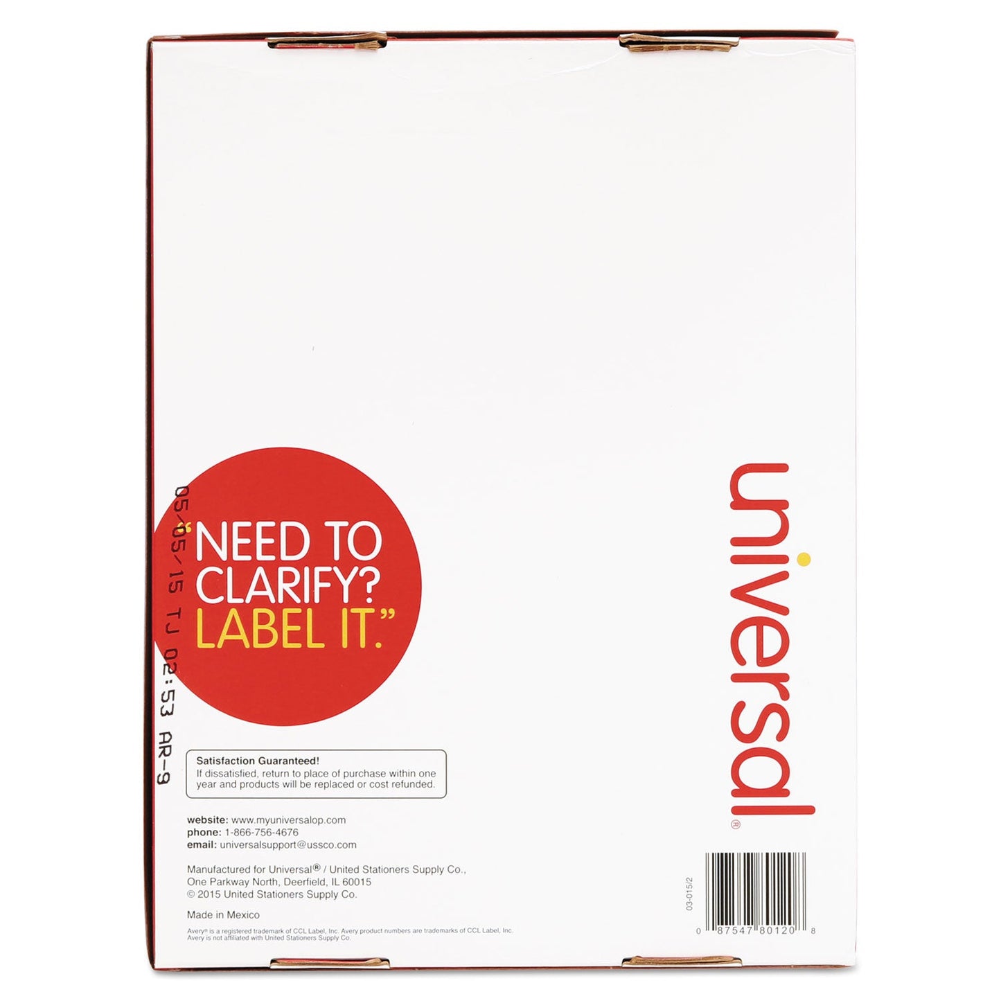 Universal White Labels, Inkjet/Laser Printers, 1 x 2.63, White, 30/Sheet, 250 Sheets/Pack