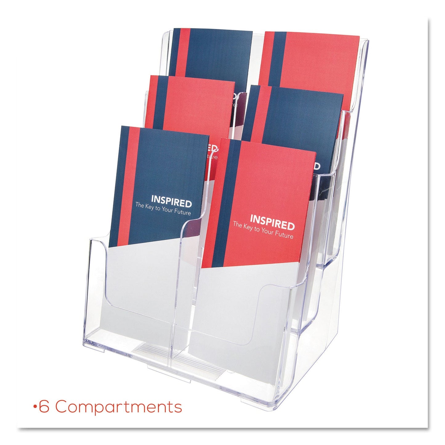 deflecto 6-Compartment DocuHolder, Leaflet Size, 9.63w x 6.25d x 12.63h, Clear