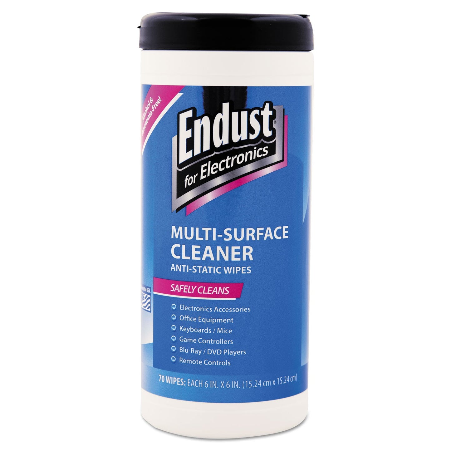 Endust Antistatic Premoistened Wipes for Electronics, Cloth, 6 x 6, 70/Tub