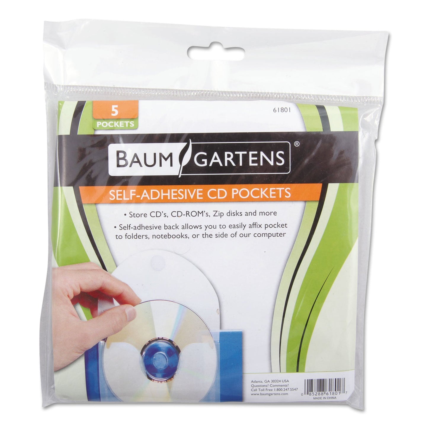 Baumgartens CD Pocket, 1 Disc Capacity, Clear/White, 5/Pack