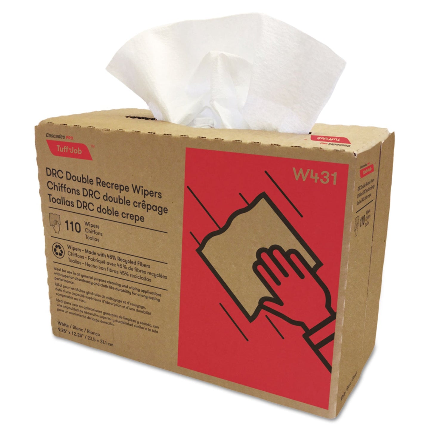 Cascades PRO Tuff-Job Double Recrepe Wipers, 9.25 x 12.5, White, 110/Box, 12 Boxes/Carton
