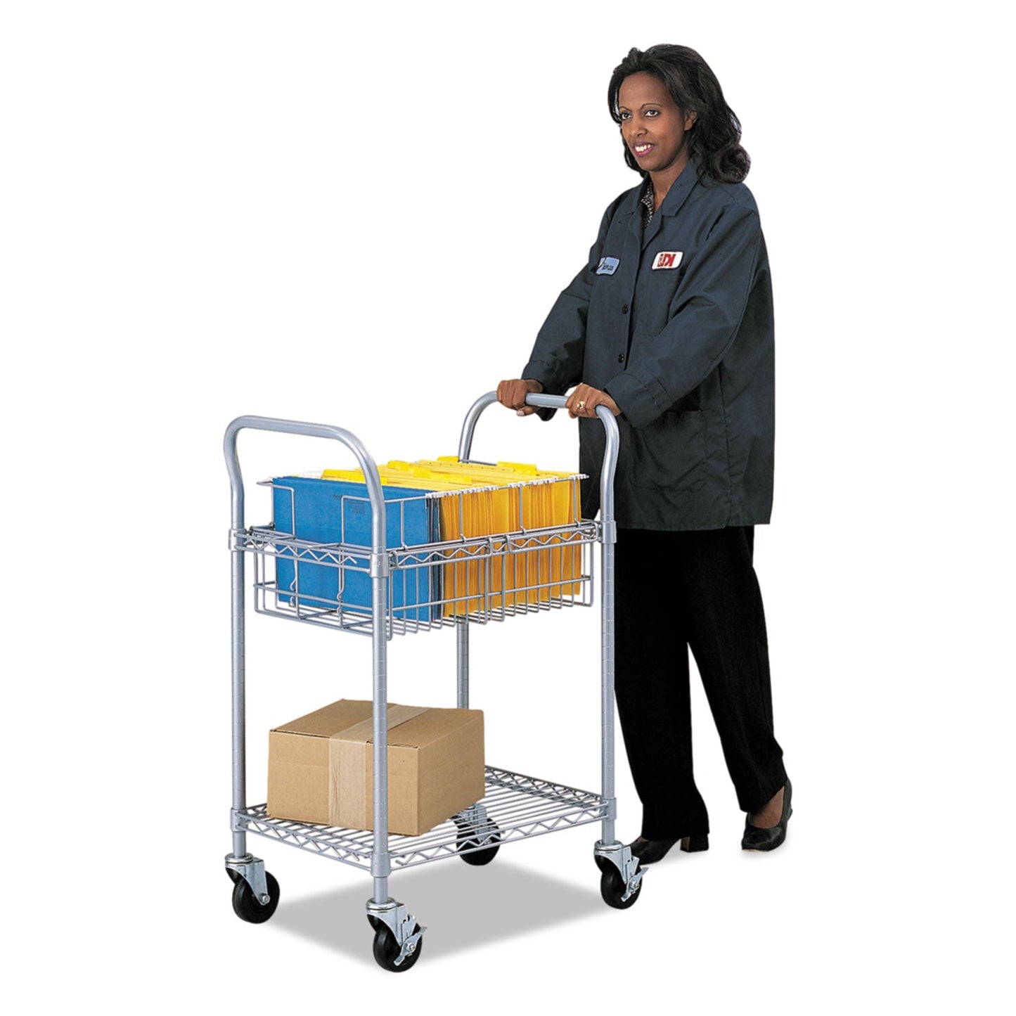 Safco Dual-Purpose Wire Mail and Filing Cart, Metal, 1 Shelf, 1 Bin, 26.75" x 18.75" x 38.5", Metallic Gray