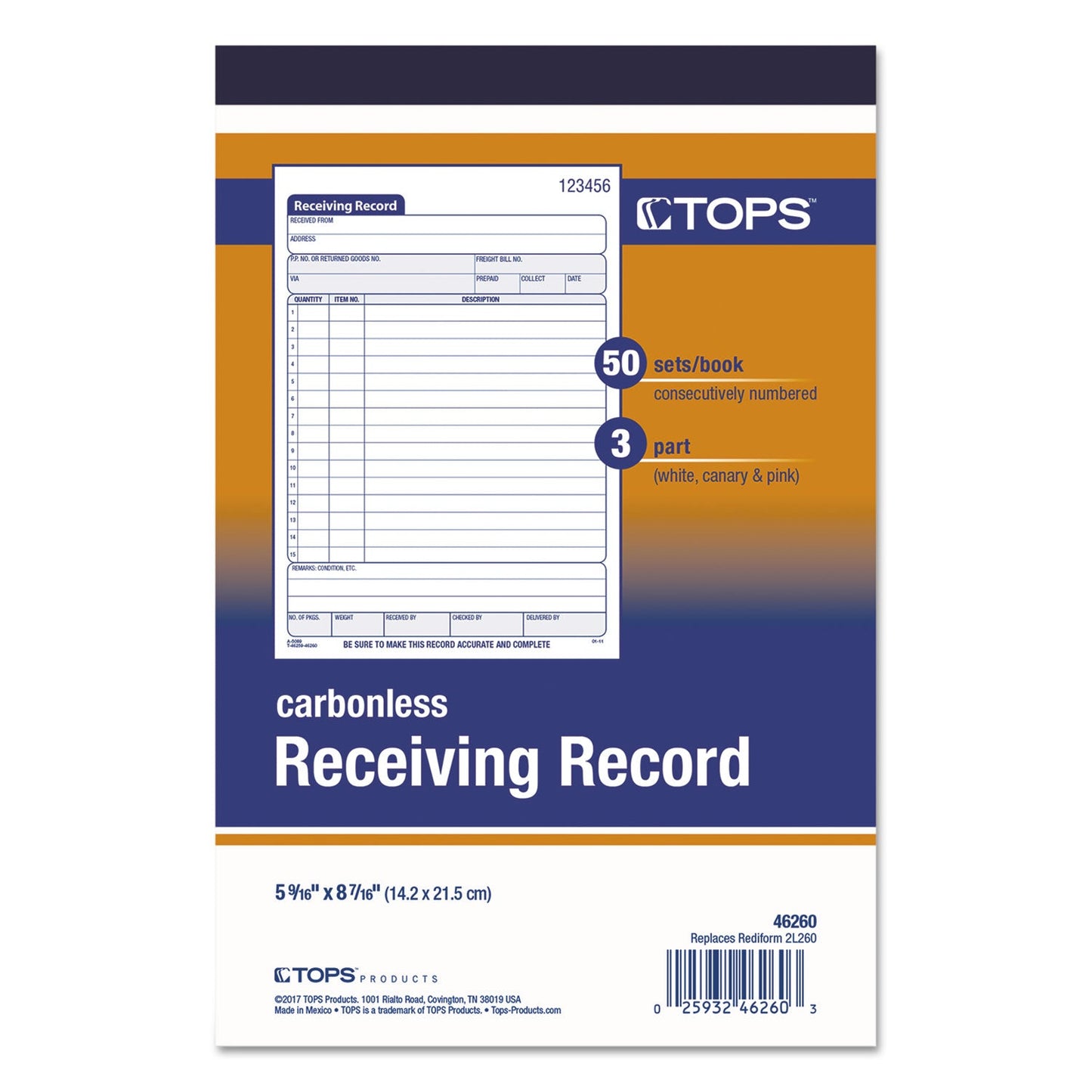 TOPS Receiving Record Book, Three-Part Carbonless, 5.56 x 7.94, 50 Forms