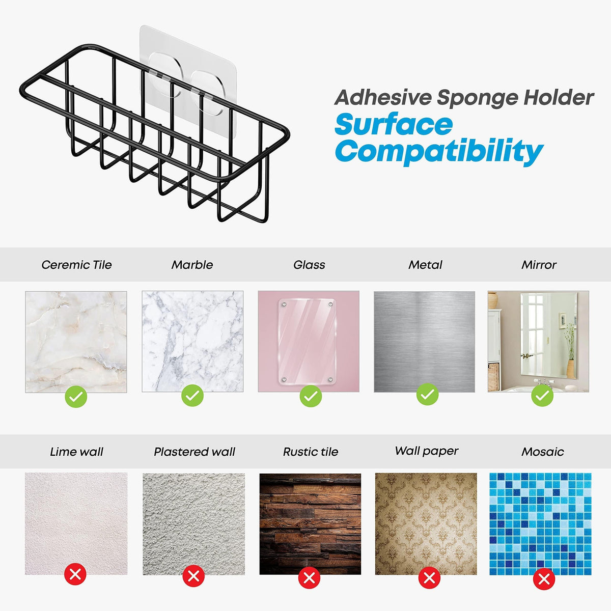 Adhesive Kitchen Sink Sponge Holder Dish Cloth Hanger Soap Holder 2 in 1 Kitchen Sink Caddy 304 Stainless Steel Rust Proof Water Proof No Drilling (Black)