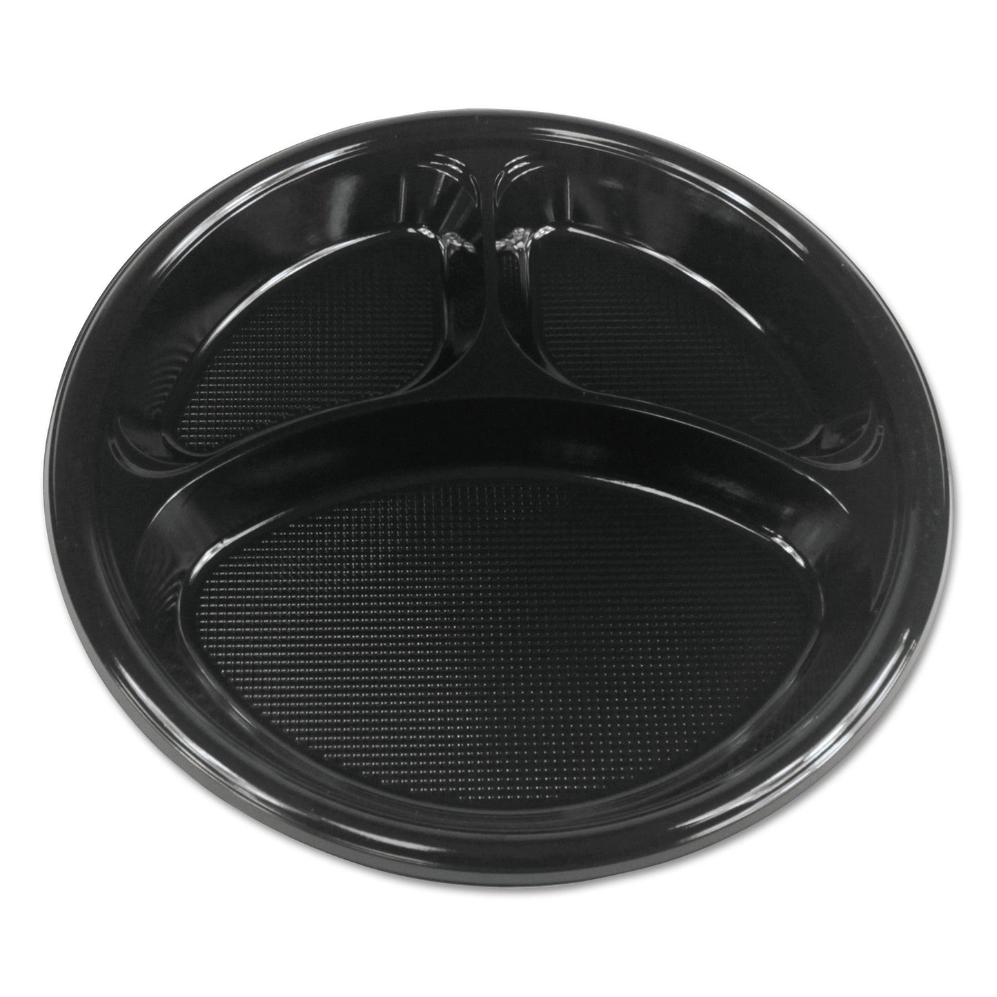 Boardwalk Hi-Impact Plastic Dinnerware, Plate, 3-Compartment, 10" dia, Black, 500/Carton