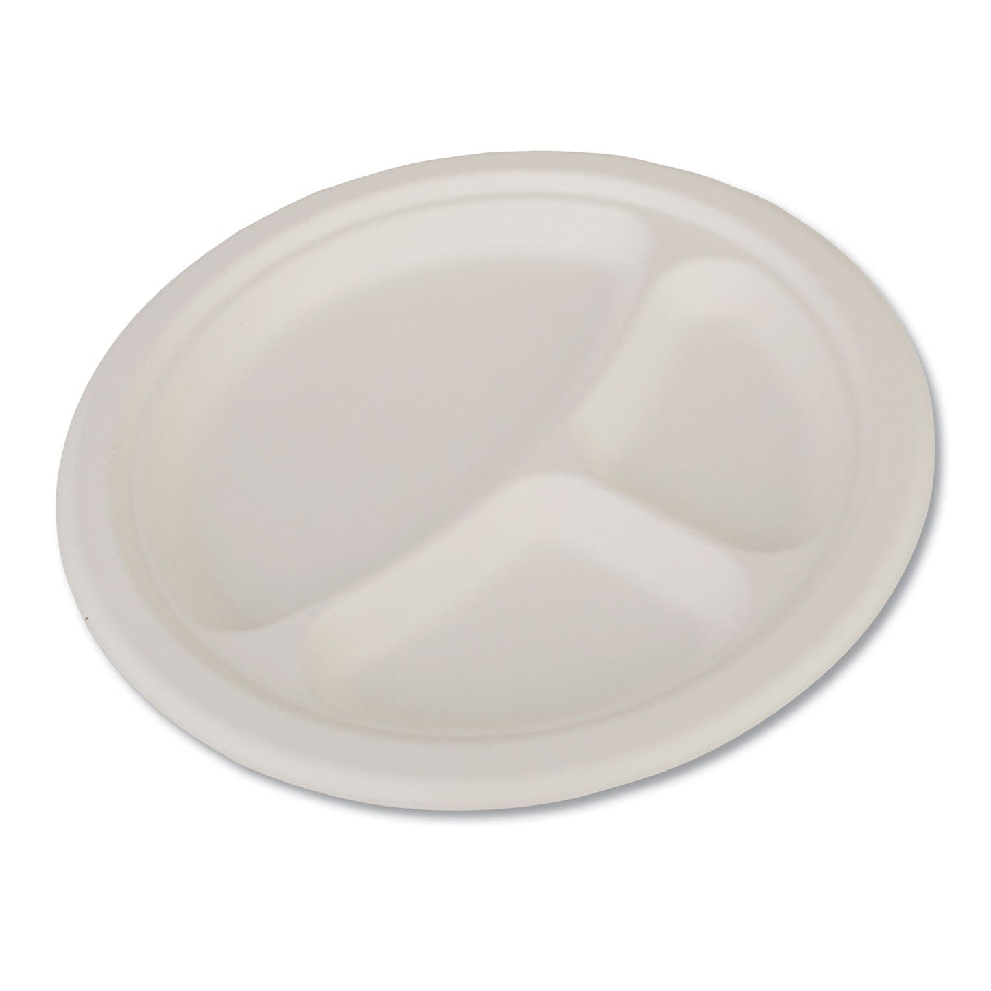 SCT ChampWare Heavyweight Bagasse Dinnerware, Plate, 3-Compartment, 10" dia, White, 500/Carton