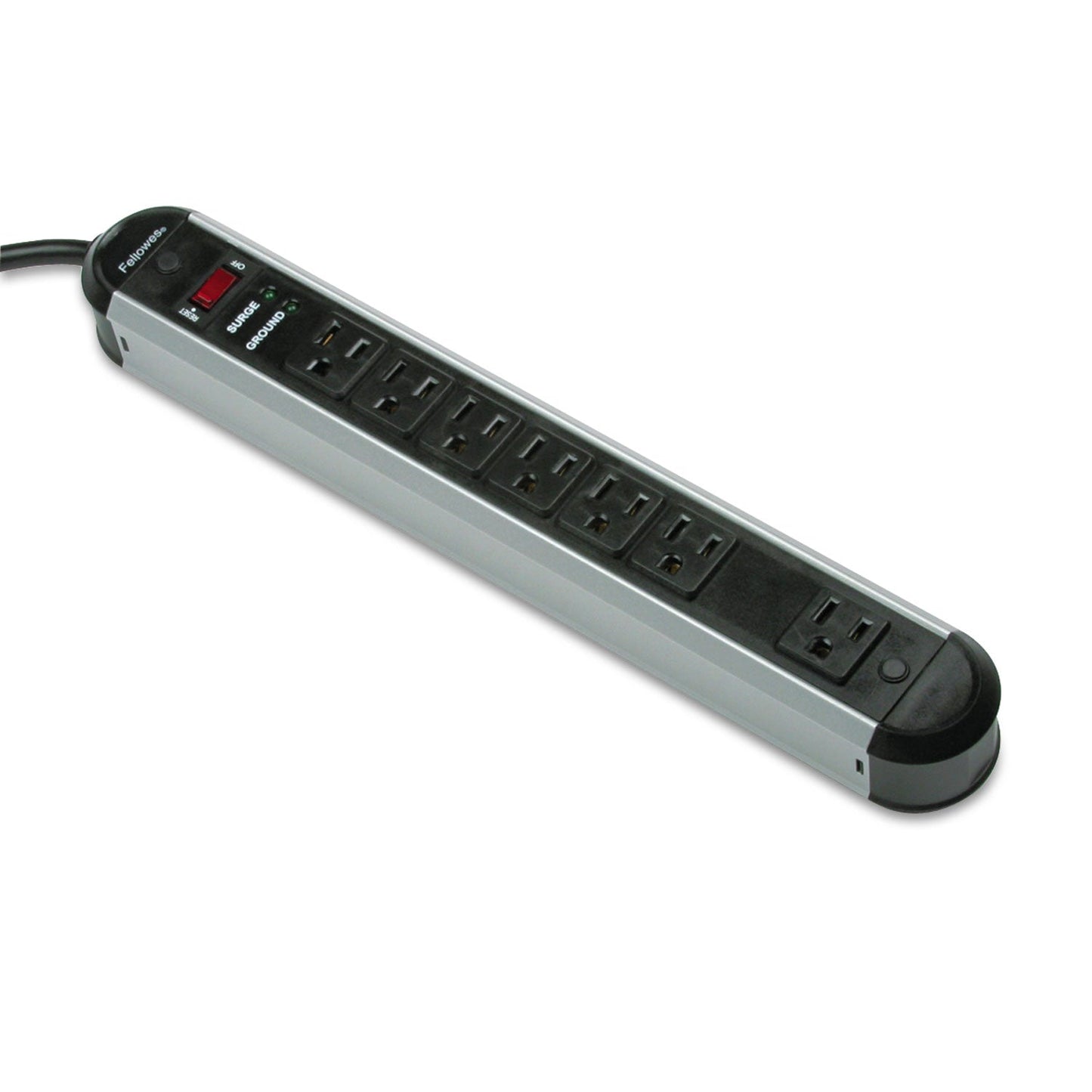 Fellowes Metal Surge Protector, 7 AC Outlets, 6 ft Cord, 1,250 J, Silver/Black