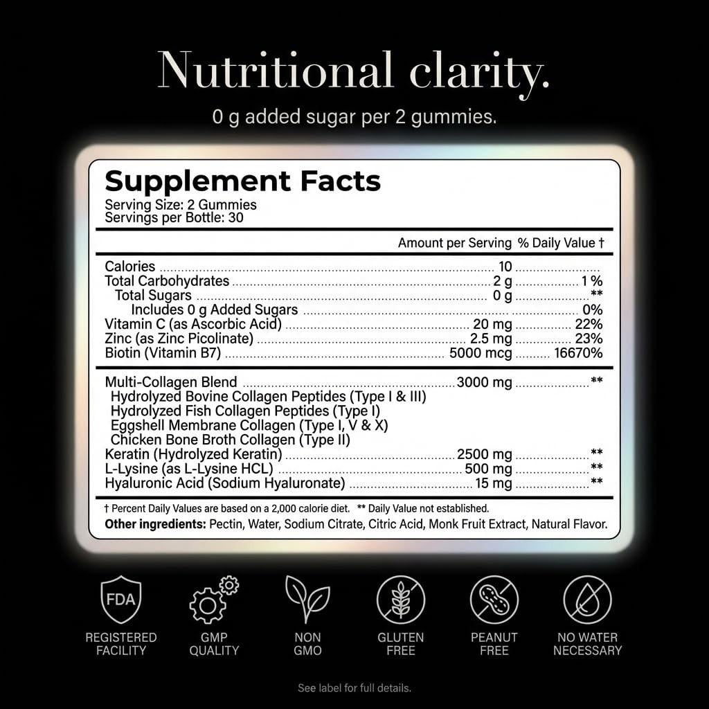 Collagen Peptides Gummies Sugar Free 3000mg Multi Collagen Blend for Hair Skin & Nails Support 2500mg Keratin 5000mcg Biotin, Hyaluronic Acid, Vitamin C & Zinc, 60 Gummies (Packaging May Vary)