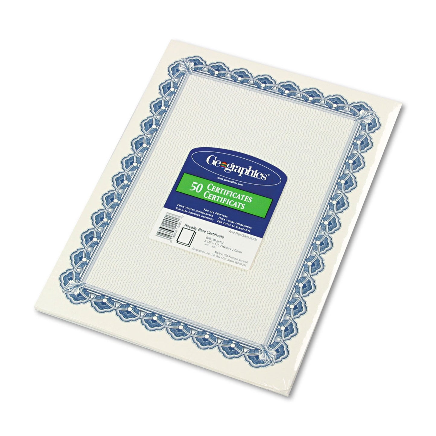 Geographics Archival Quality Parchment Paper Certificates, 11 x 8.5, Horizontal Orientation, Blue with Blue Royalty Border, 50/Pack