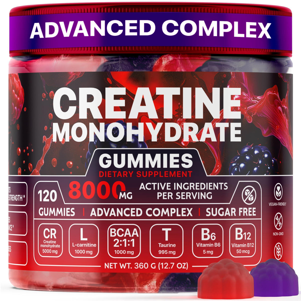 Creatine Monohydrate Gummies 8000 mg – Raspberry & BlackBerry Flavored Complex with L Carnitine Taurine & B Vitamins Vegan Sugar Free Pre Workout Gummies for Men & Women 120 Soft Chews