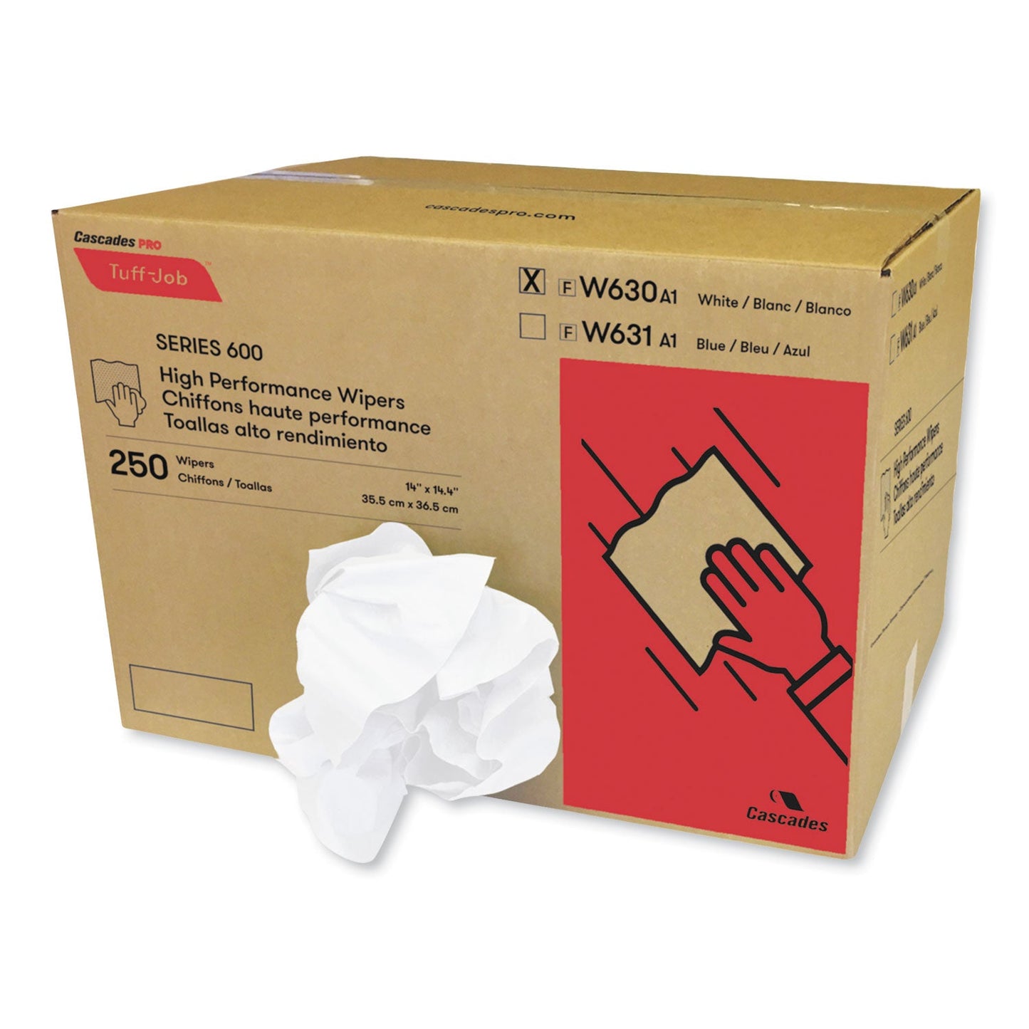 Cascades PRO Tuff-Job Spunlace Towels, Crumple Pack, 14.38 x 14, White, 250/Carton