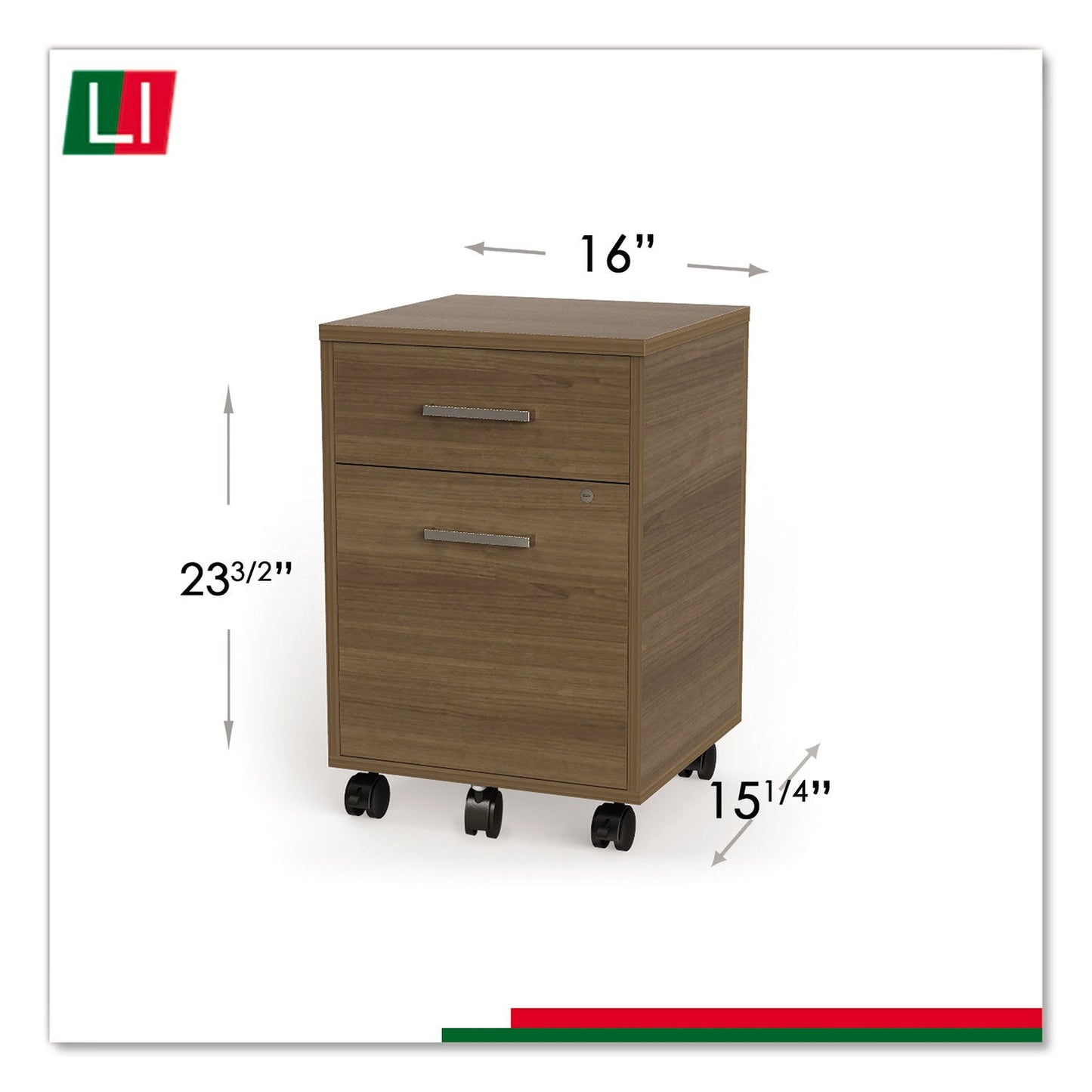 Linea Italia Urban Mobile File Pedestal, Left or Right, 2-Drawers: Box/File, Legal/A4, Natural Walnut, 16" x 15.25" x 23.75"