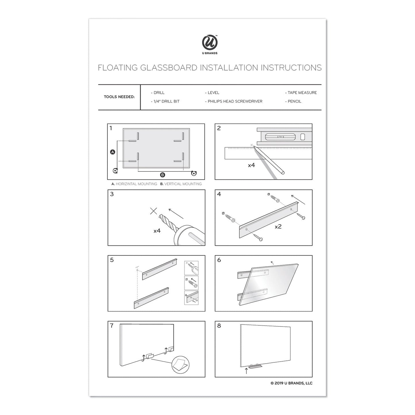 U Brands Floating Glass Dry Erase Undated One Month Calendar, 36 x 36, White