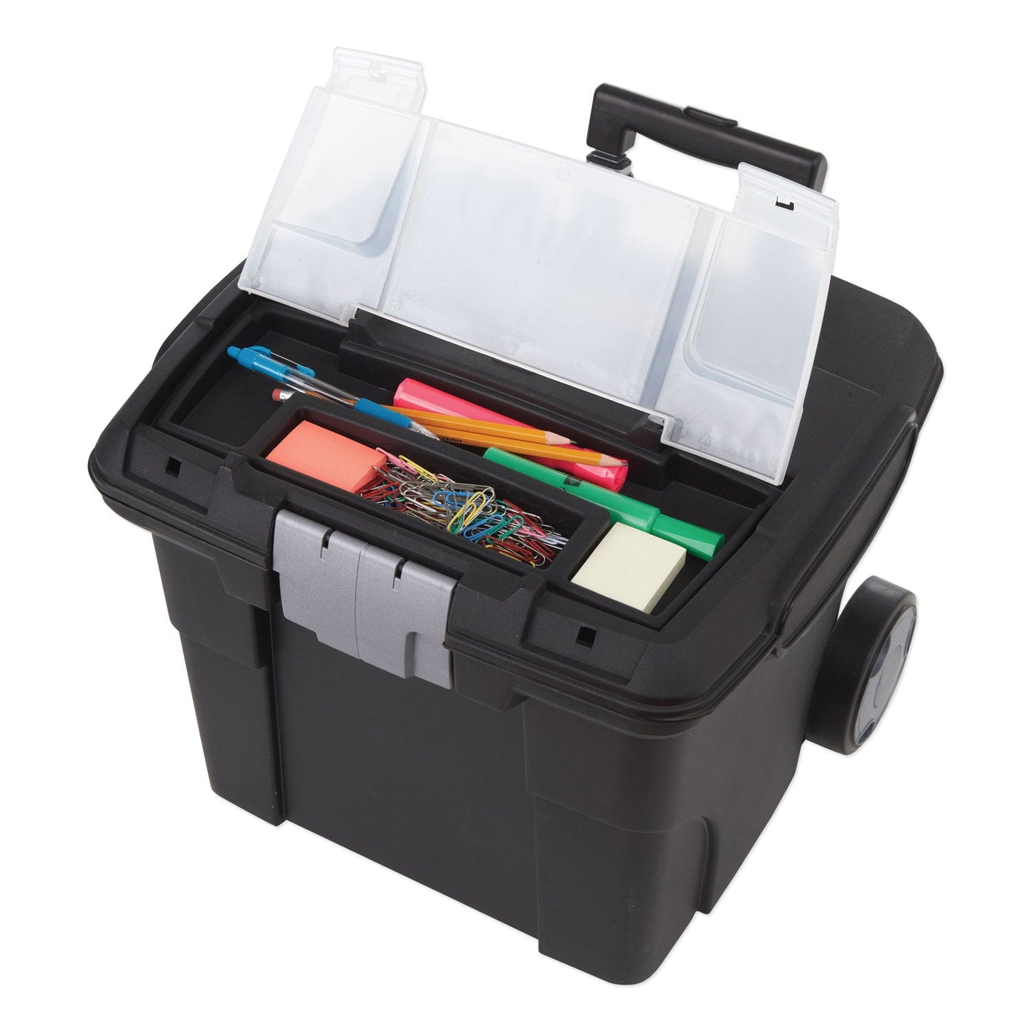 Storex Premium Mobile File Transport Box with Telescoping Handle and Organizer Tray, Letter Files, 15" x 16.38" x 14.25", Black/Gray