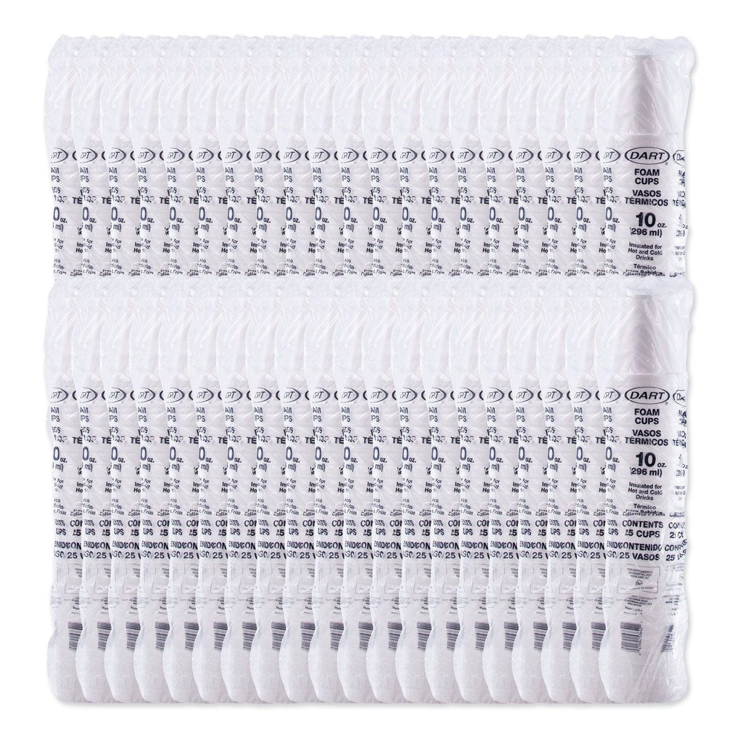 Dart Foam Drink Cups, 10 oz, White, 25/Bag, 40 Bags/Carton