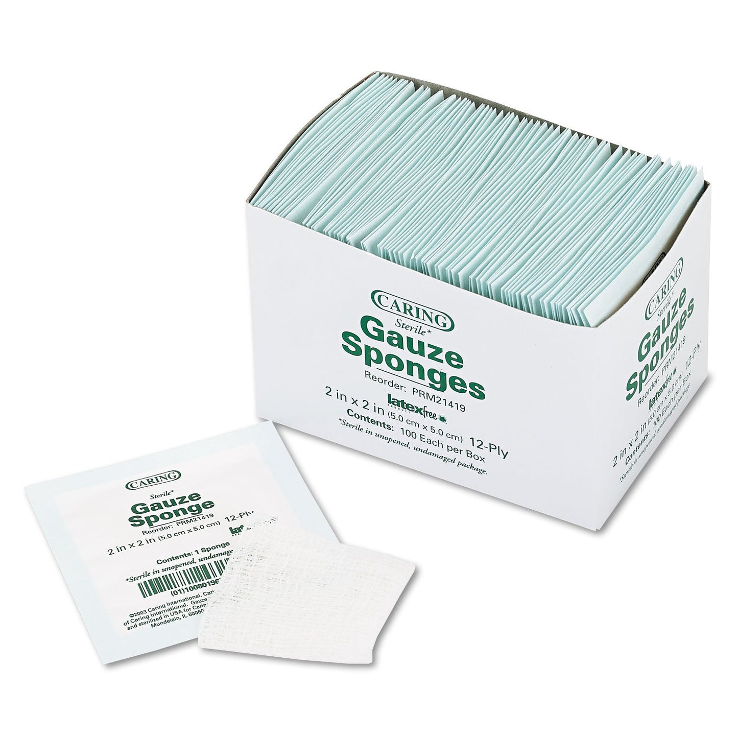 Medline Caring Woven Gauze Sponges, Sterile, 12-Ply, 2 x 2, 2,400/Carton