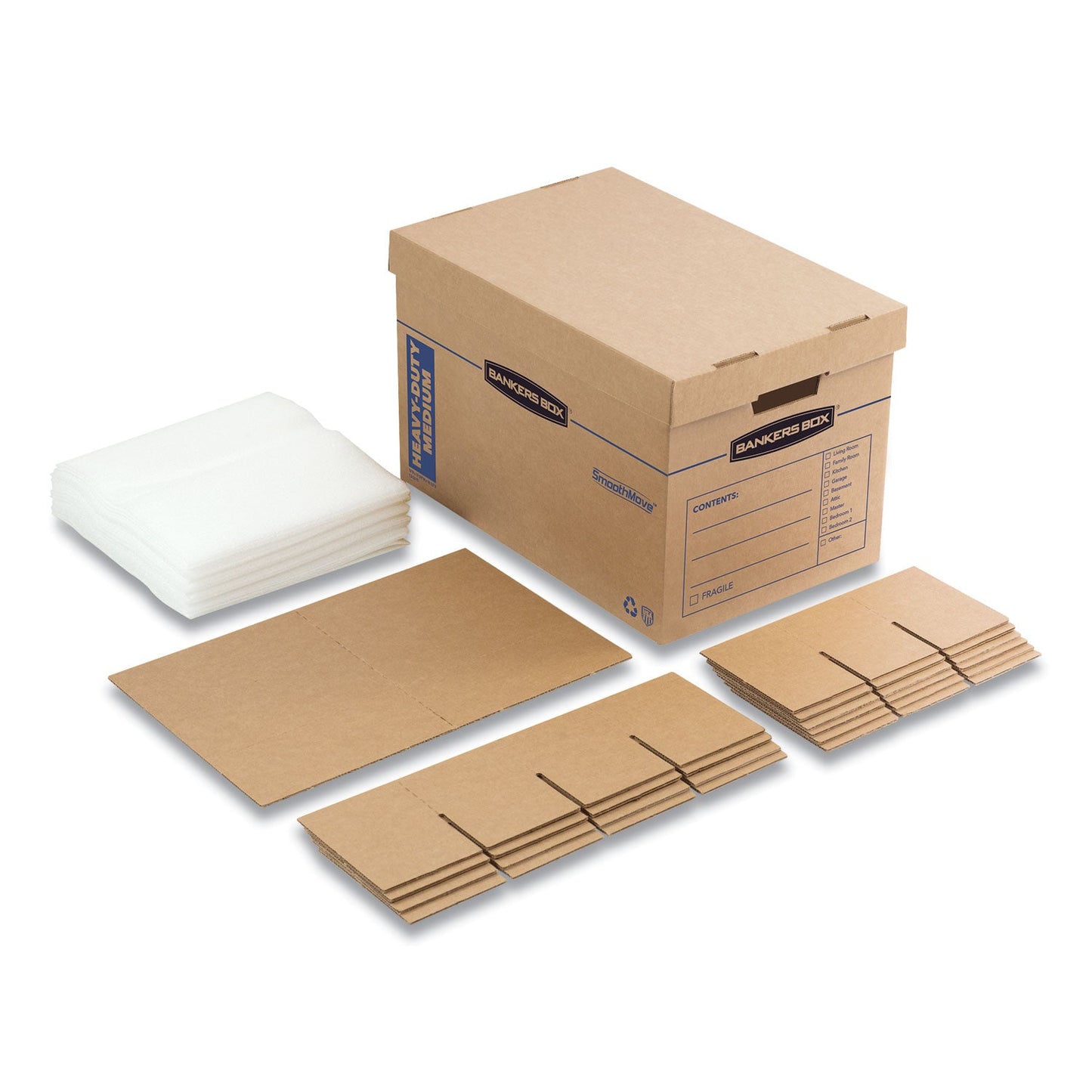 Bankers Box SmoothMove Kitchen Moving Kit with Dividers + Foam, Half Slotted Container (HSC), Medium, 12.25" x 18.5" x 12", Brown/Blue