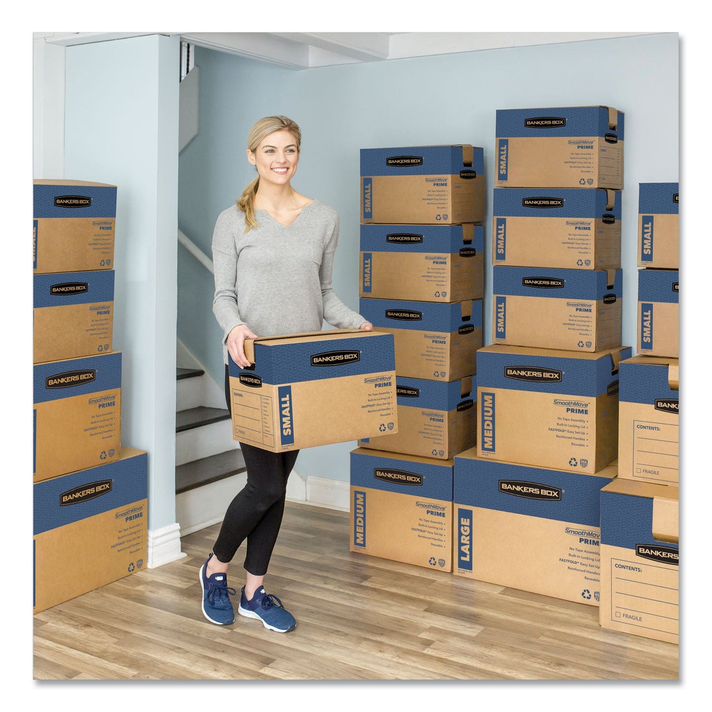 Bankers Box SmoothMove Prime Moving/Storage Boxes, Hinged Lid, Regular Slotted Container (RSC), 18" x 24" x 18", Brown/Blue, 6/Carton