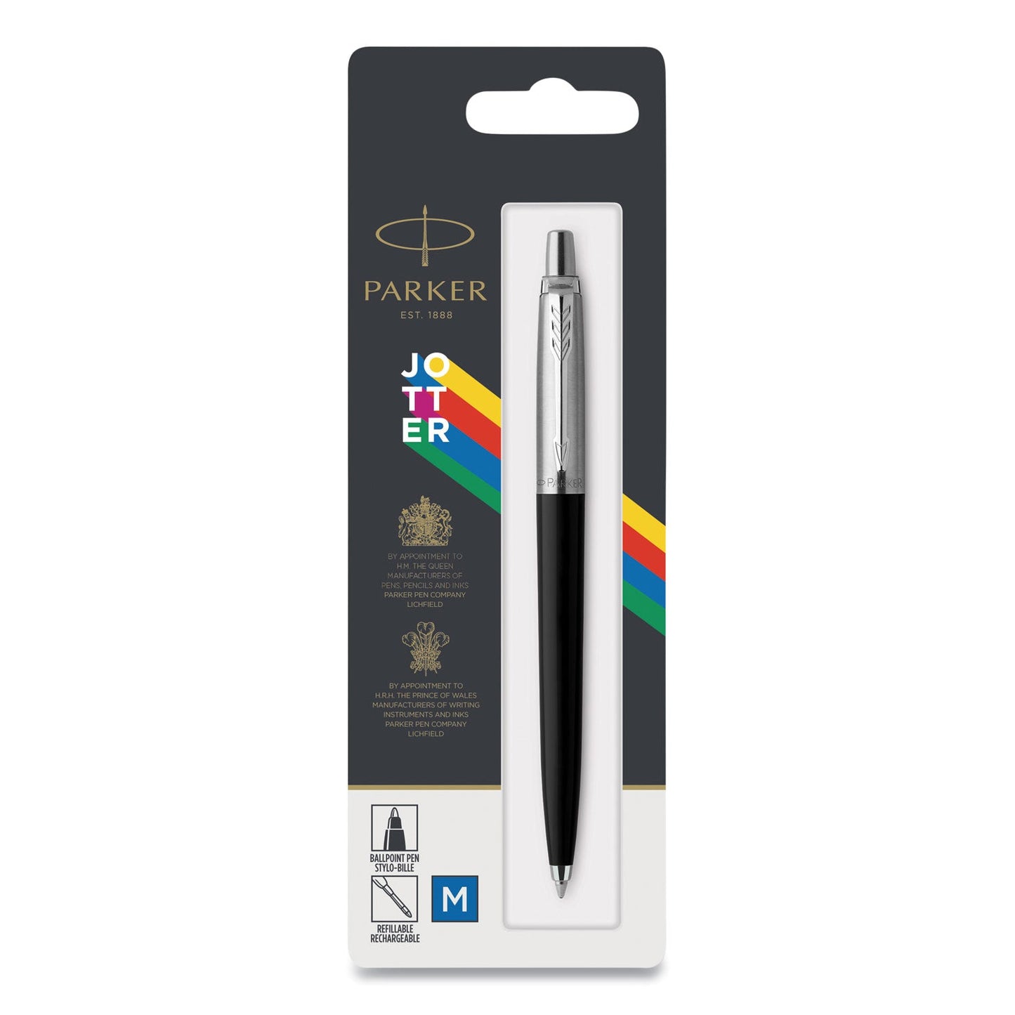Parker Jotter Ballpoint Pen, Retractable, Medium 0.7 mm, Blue Ink, Black Barrel