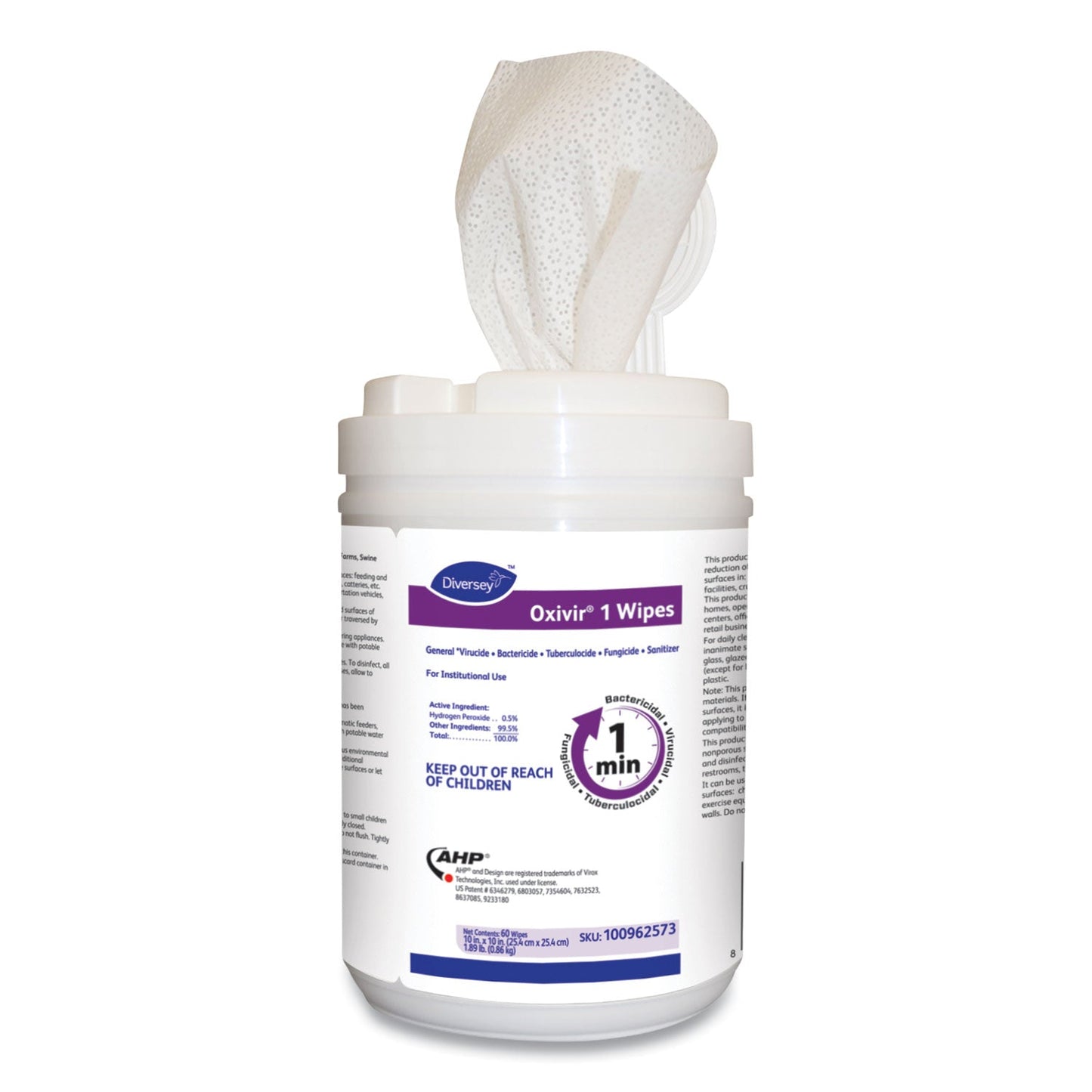 Diversey Oxivir 1 Wipes, 10 x 10, Characteristic Scent, 60 Canister, 12/Carton