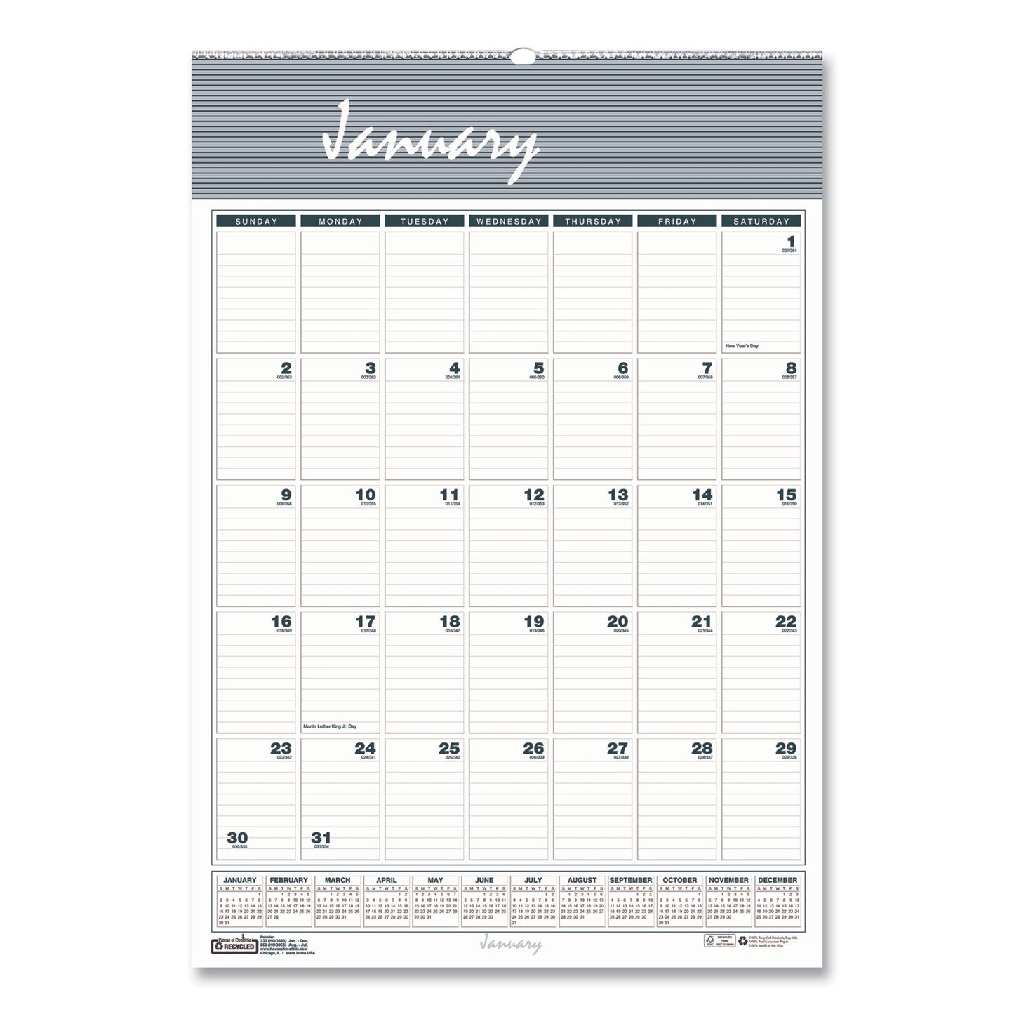House of Doolittle Bar Harbor Recycled Wirebound Monthly Wall Calendar, 12 x 17, White/Blue/Gray Sheets, 12-Month (Jan-Dec): 2023