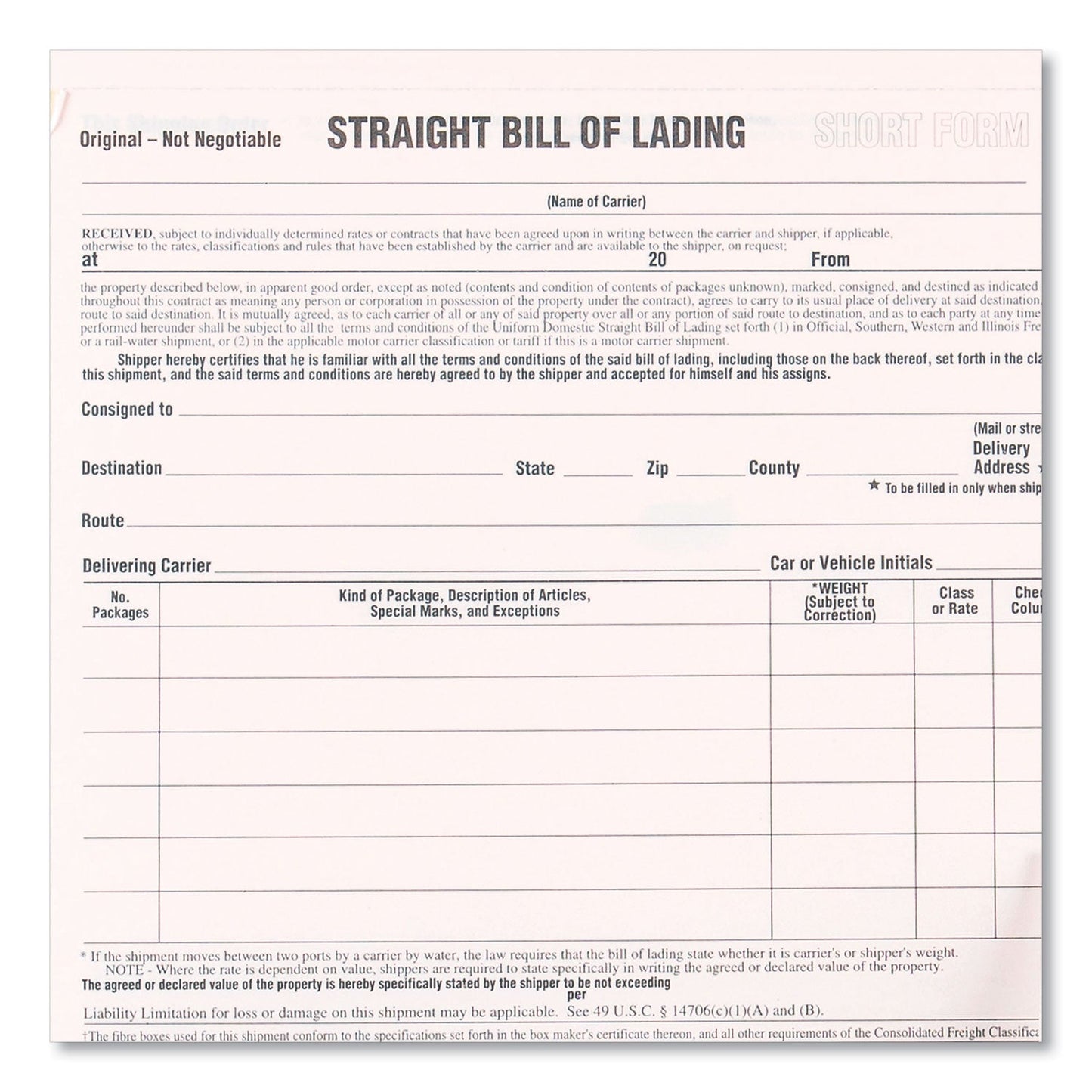 Rediform Bill of Lading Short Form, Three-Part Carbonless, 7 x 8.5, 1/Page, 250 Forms