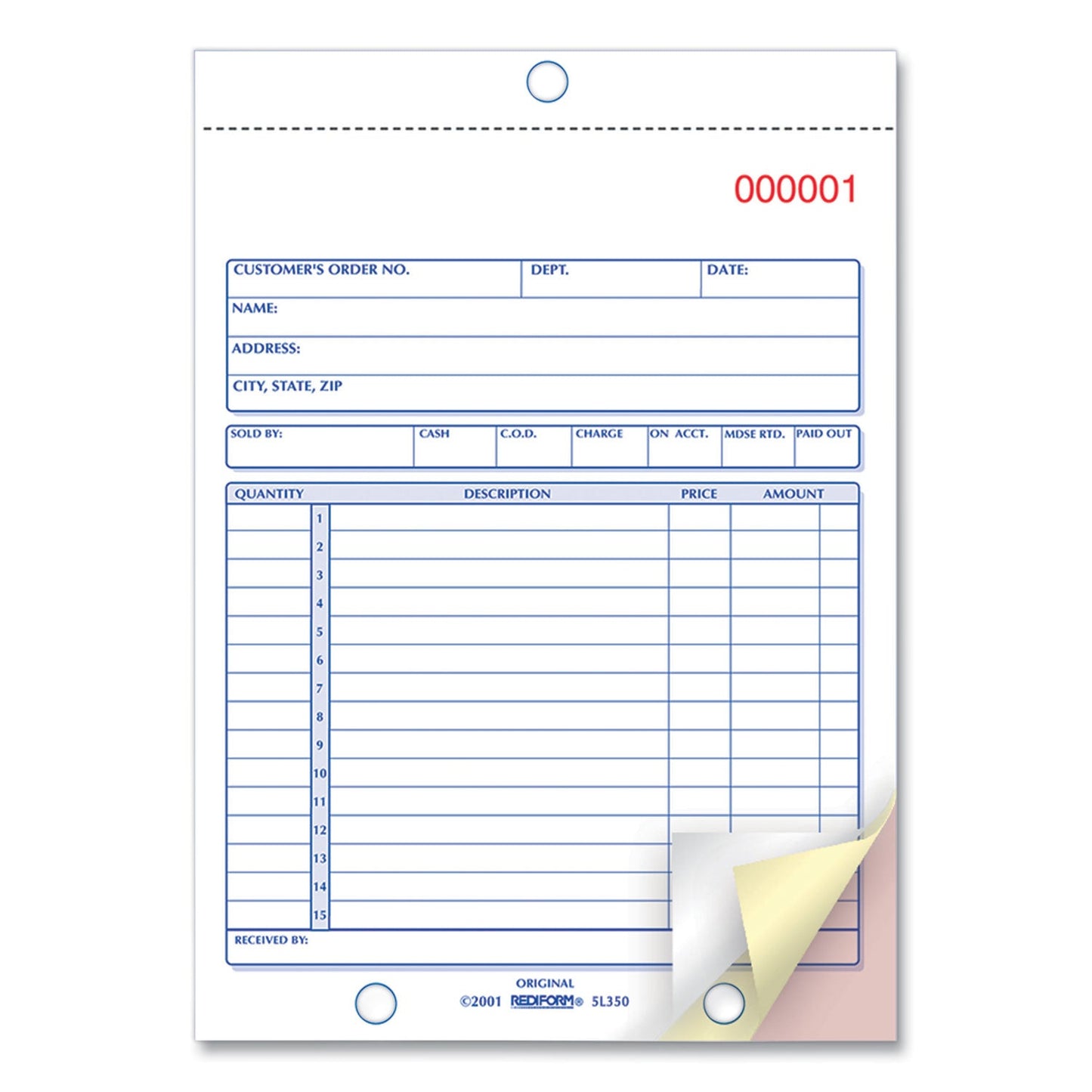 Rediform Sales Book, Three-Part Carbonless, 5.5 x 7.88, 1/Page, 50 Sets/Book