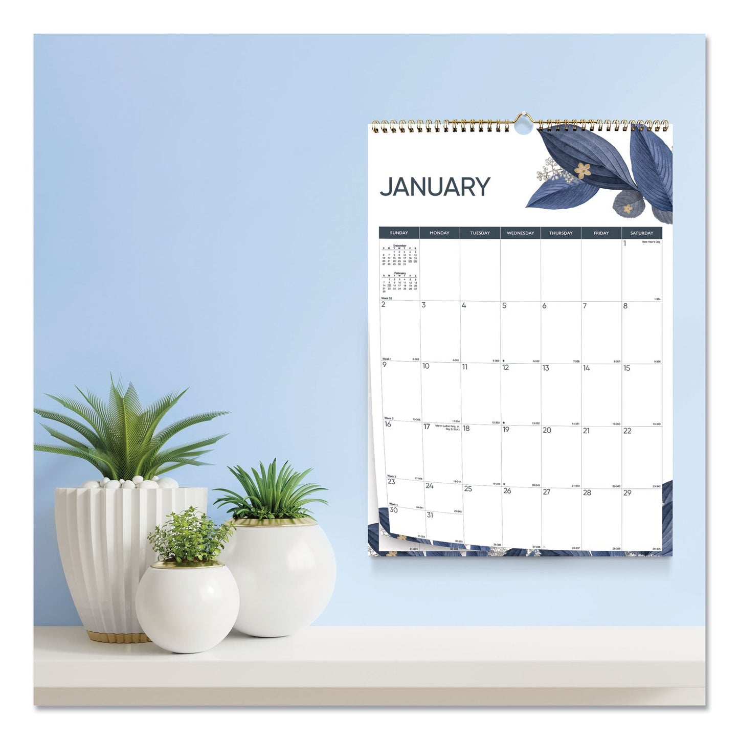 Blueline 12-Month Colorful Wall Calendar, Watercolor Gold Detail Floral Artwork, 12 x 17, White Sheets, 12-Month (Jan to Dec): 2023