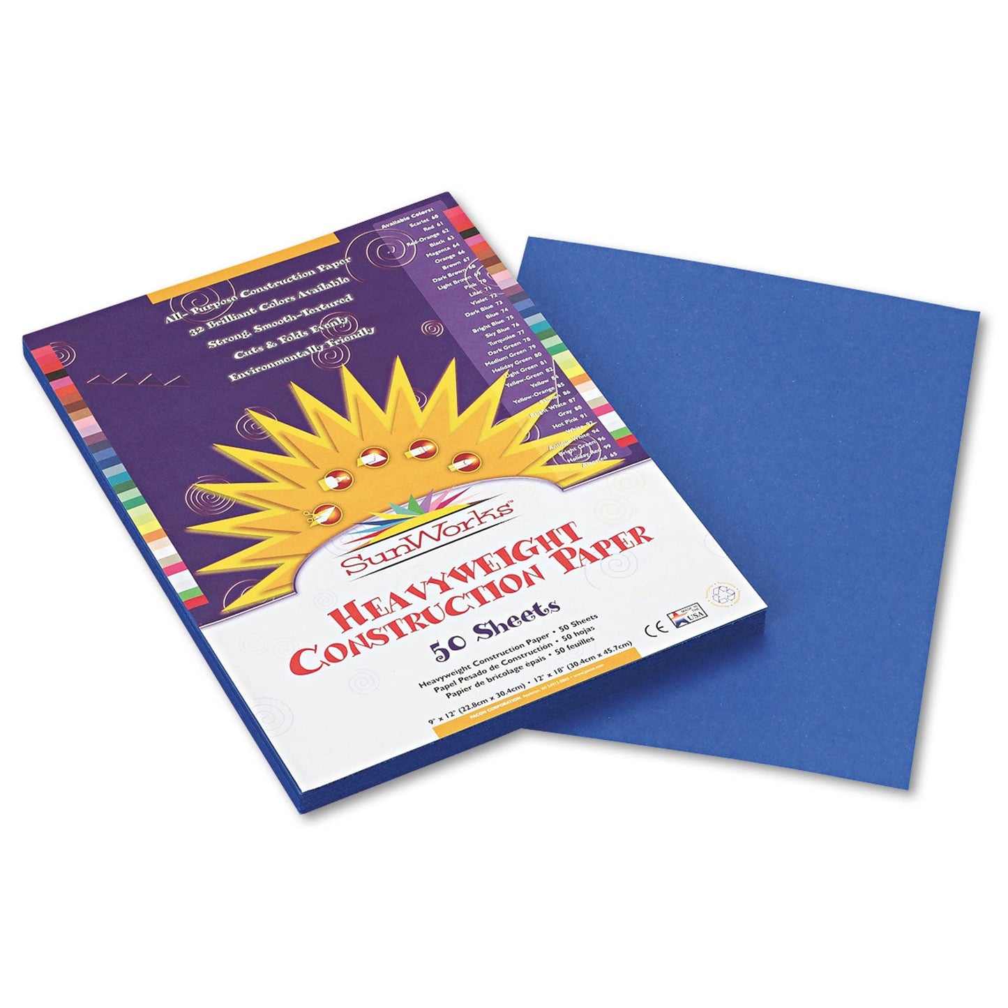 Prang SunWorks Construction Paper, 50 lb Text Weight, 9 x 12, Bright Blue, 50/Pack
