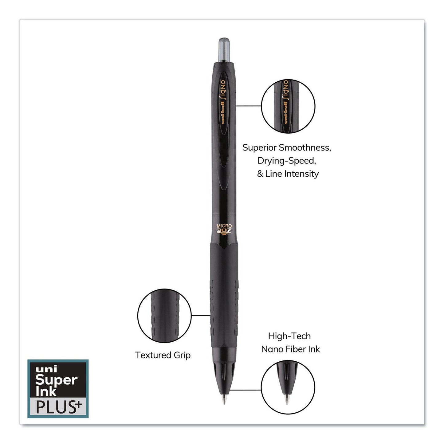 uniball 307 Gel Pen, Retractable, Medium 0.7 mm, Black Ink, Black Barrel, Dozen