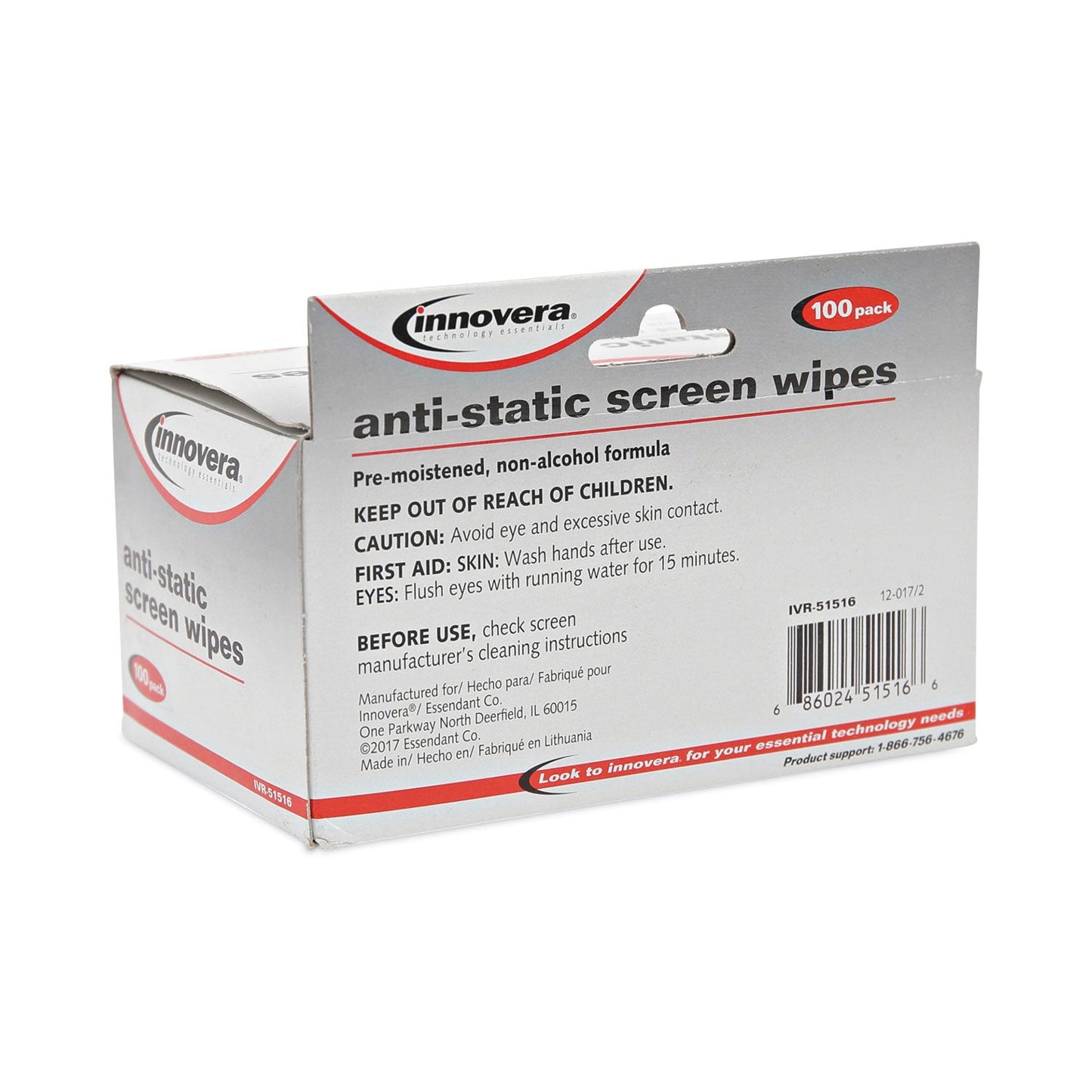 Innovera Antistatic Screen Cleaning Wipes, Cloth, 4.75, x 7.25, White, 100/Pack