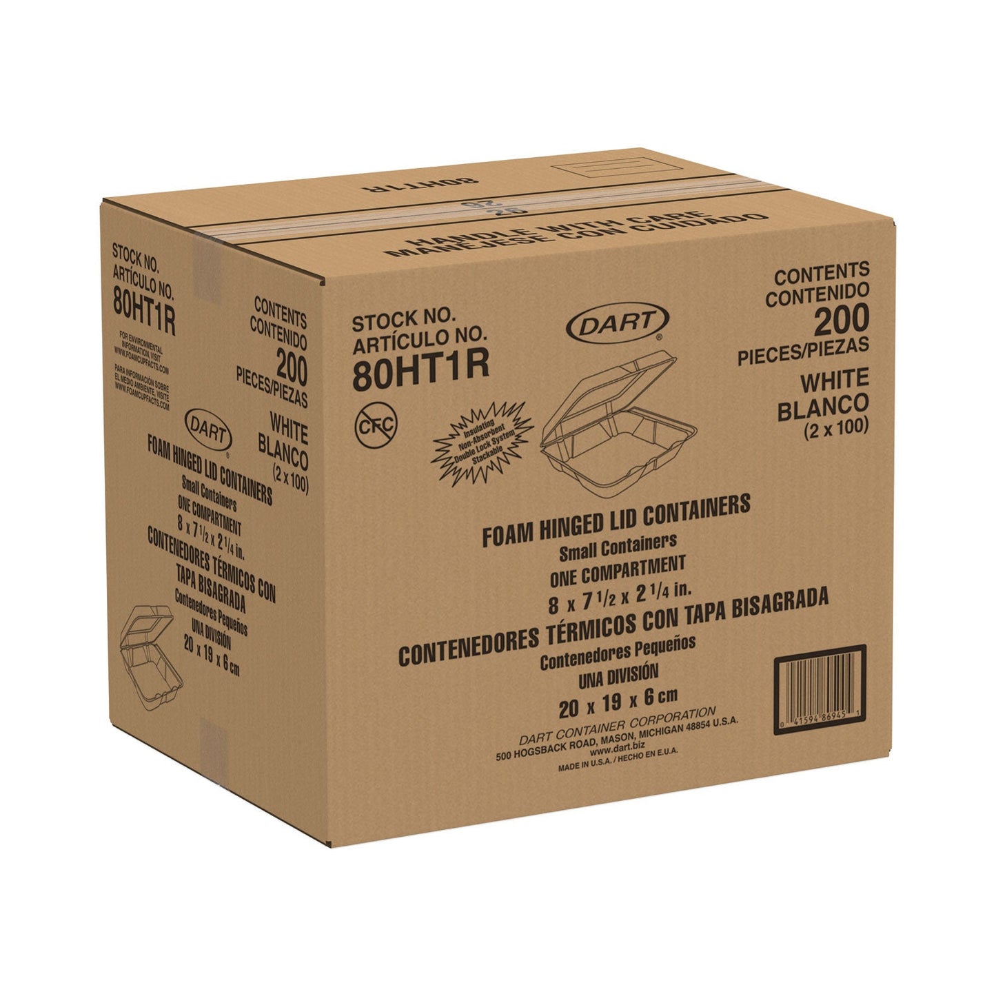 Dart Foam Hinged Lid Containers, 8 x 8 x 2.25, White, 200/Carton