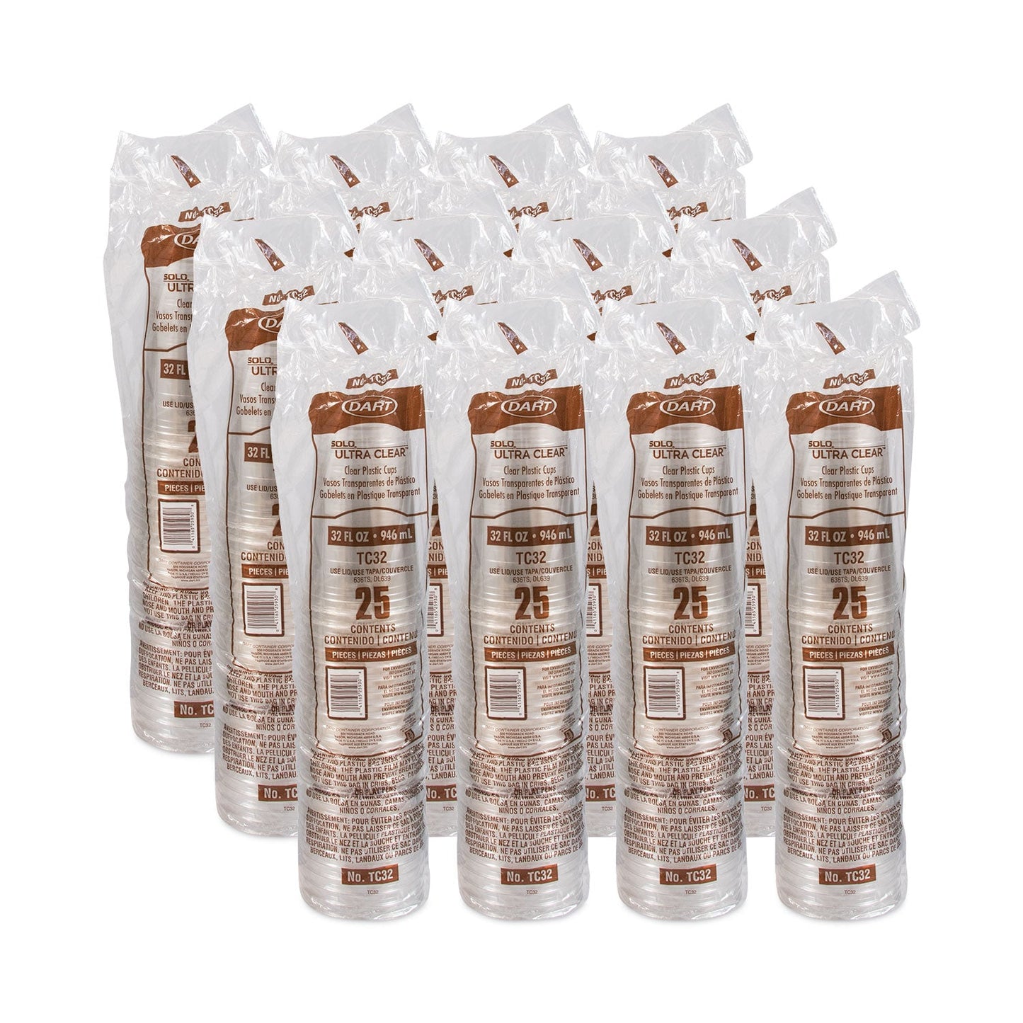 Dart Ultra Clear PETE Cold Cups, 32 oz, Clear, 300/Carton