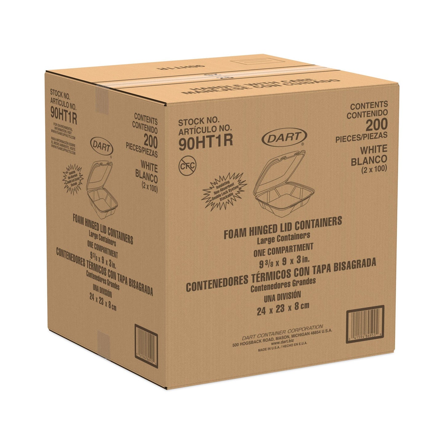 Dart Foam Hinged Lid Containers, 9 x 9 x 3, White, 200/Carton