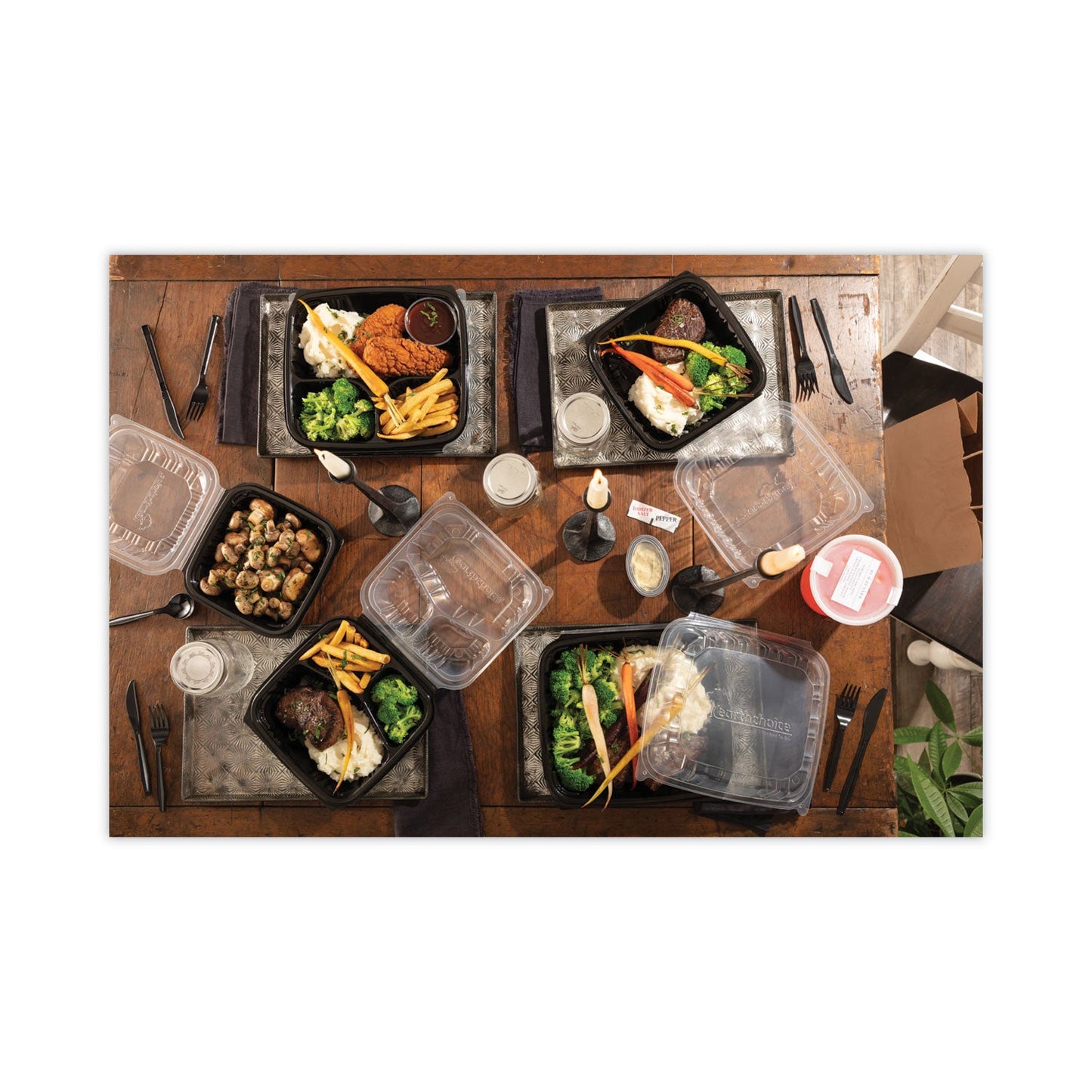 Pactiv Evergreen EarthChoice Vented Dual Color Microwavable Hinged Lid Container, 3-Compartment 34oz, 10.5x9.5x3, Black/Clear, Plastic, 132/CT