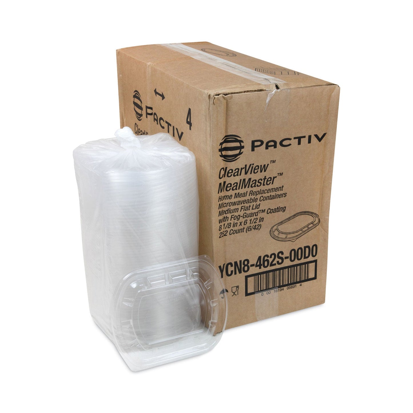 Pactiv Evergreen ClearView MealMaster Lid with Fog Gard Coating, Medium Flat Lid, 8.13 x 6.5 x 0.38, Clear, Plastic, 252/Carton