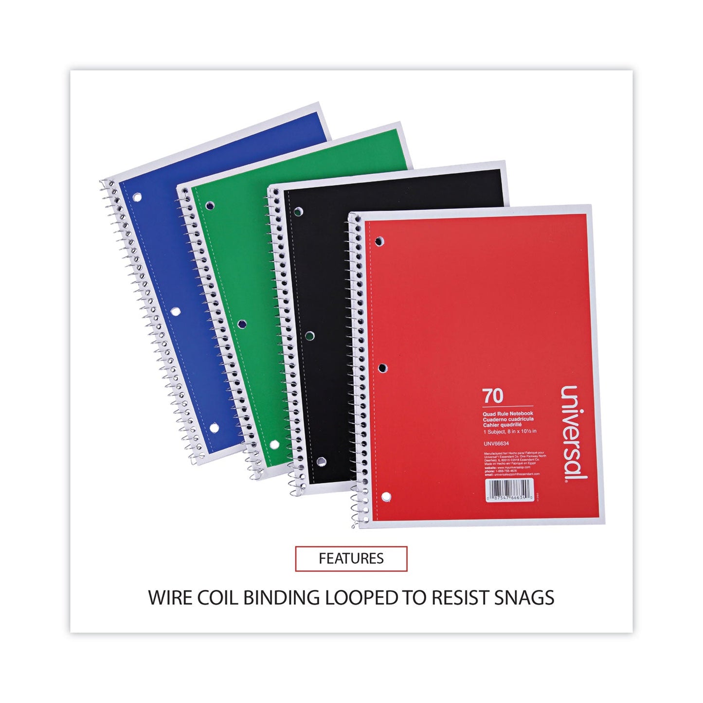 Universal Wirebound Notebook, 1 Subject, Quadrille Rule, Assorted Covers, 10.5 x 8, 70 Sheets, 4/Pack