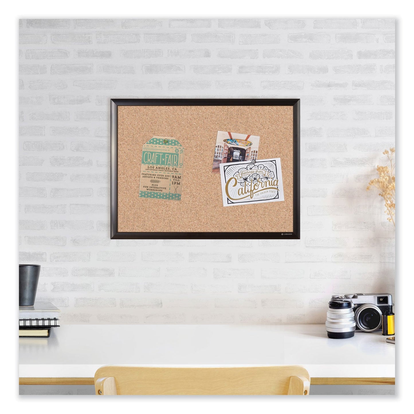 U Brands Cork Bulletin Board with Aluminum Frame, 47 x 35, Natural Surface, Black Frame